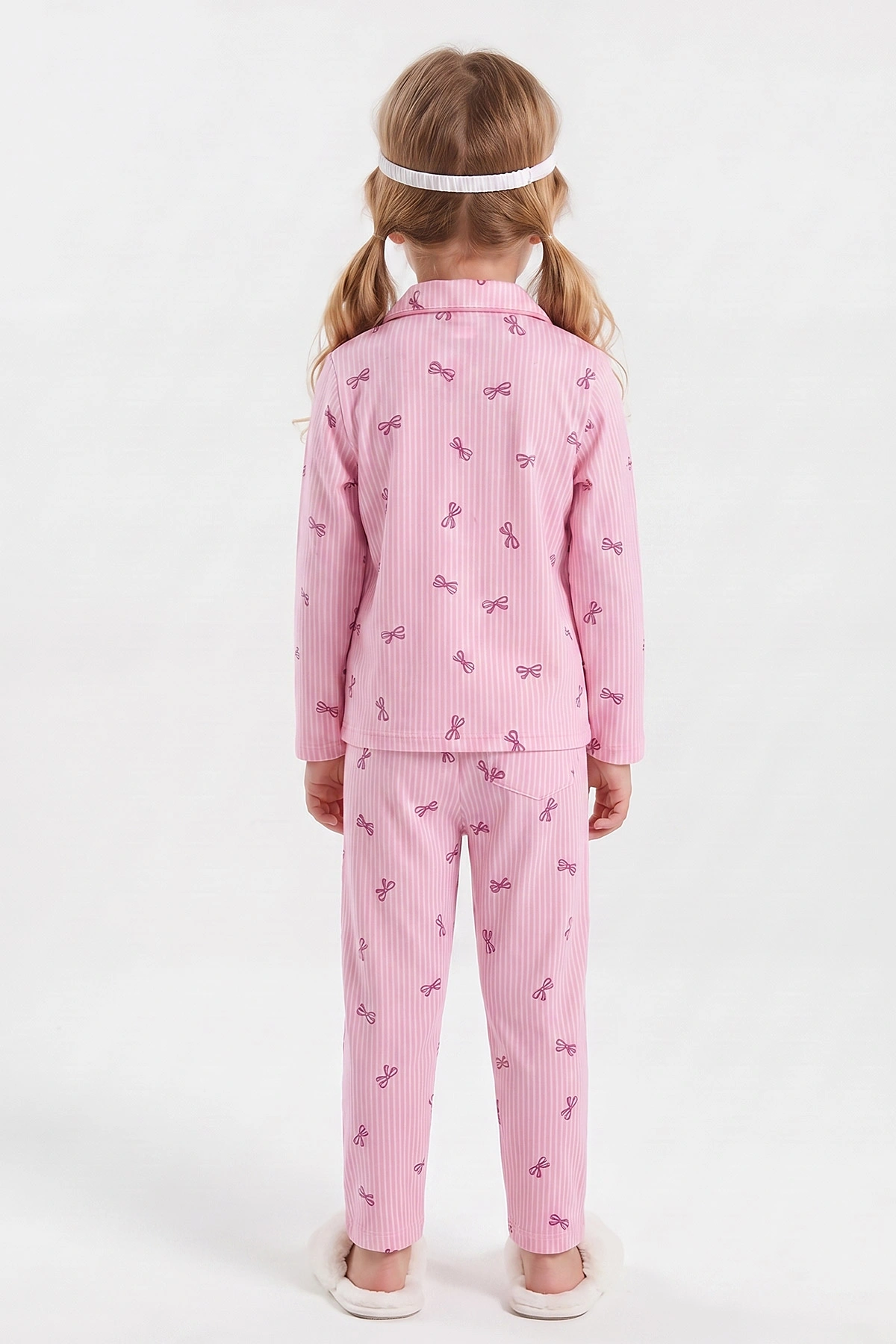 Pembe (4-12 Yaş) Desenli   Uzun Kol  Ön Düğmeli Göz Bandı Detaylı Kız Çocuk Pijama Takım 473652