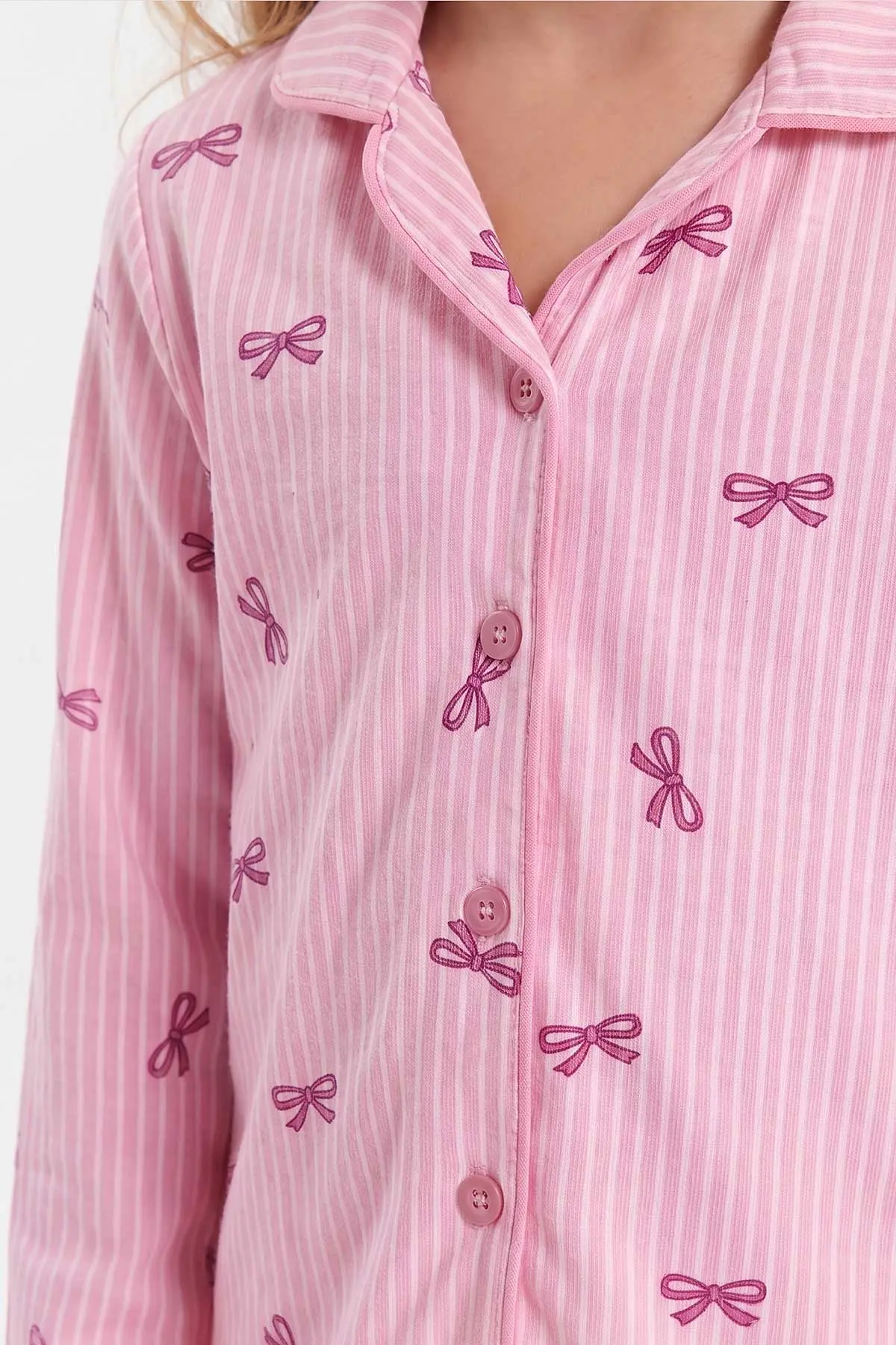 Pembe (4-12 Yaş) Desenli   Uzun Kol  Ön Düğmeli Göz Bandı Detaylı Kız Çocuk Pijama Takım 473652