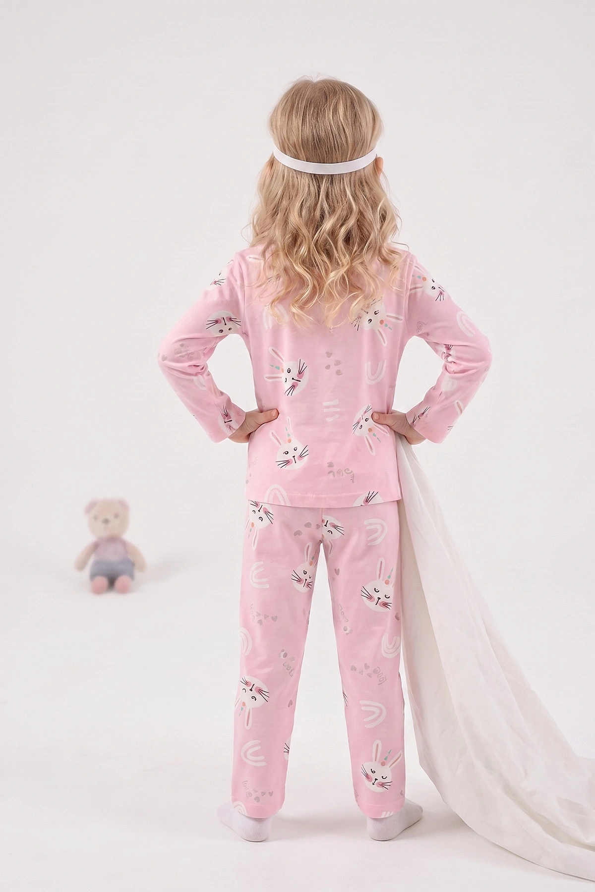 Pembe (4-12 Yaş) Desenli   Uzun Kol  Ön Düğmeli Göz Bandı Detaylı Kız Çocuk Pijama Takım 473660