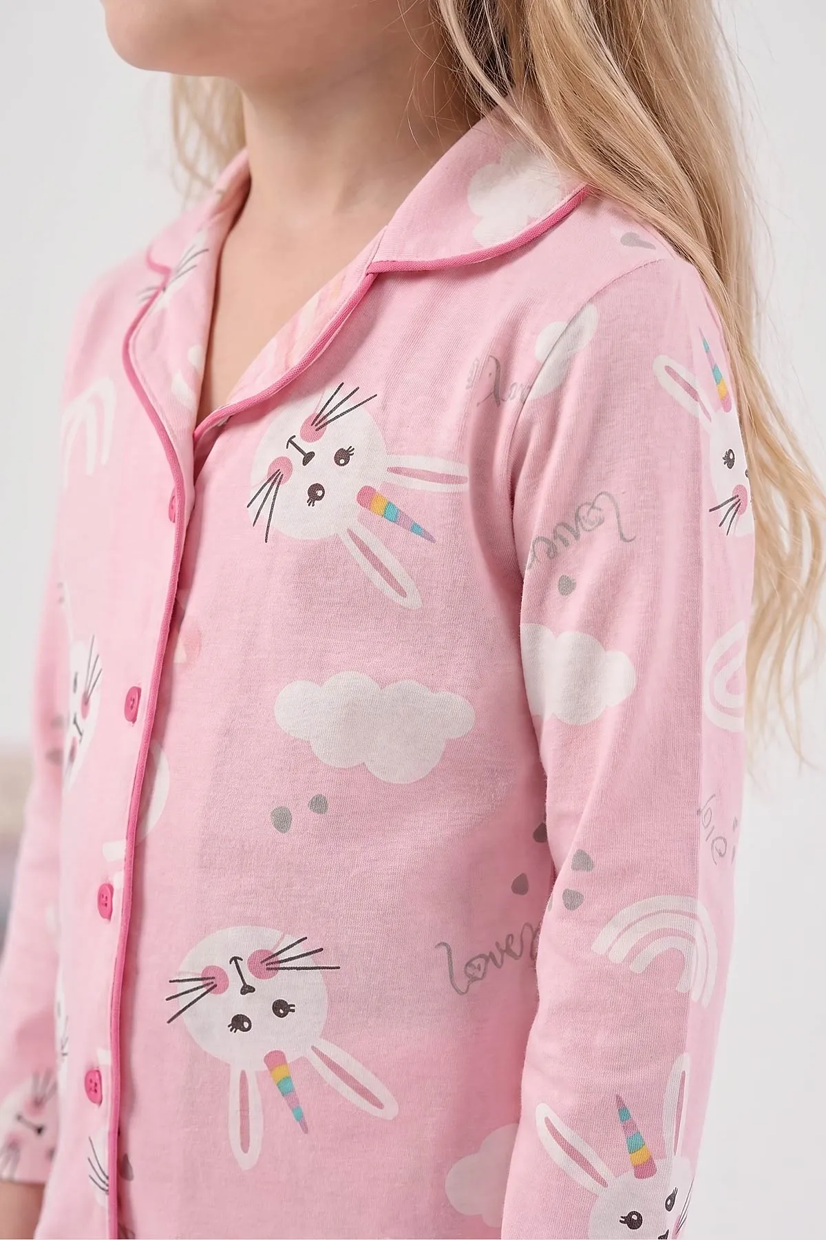Pembe (4-12 Yaş) Desenli   Uzun Kol  Ön Düğmeli Göz Bandı Detaylı Kız Çocuk Pijama Takım 473660