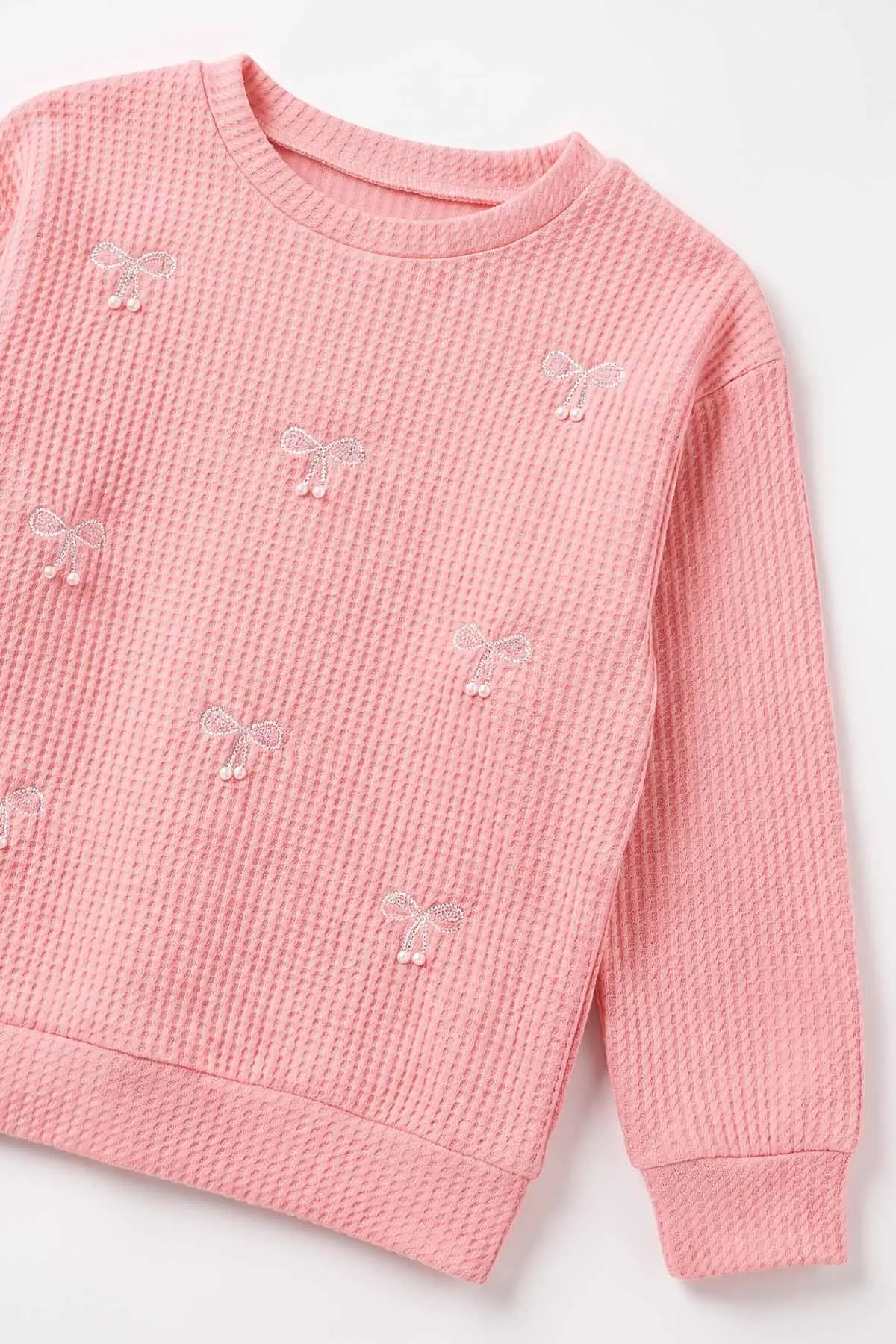 Pembe (4-12 Yaş) İncili Fiyonk Nakışlı Kız Çocuk Sweat 493740