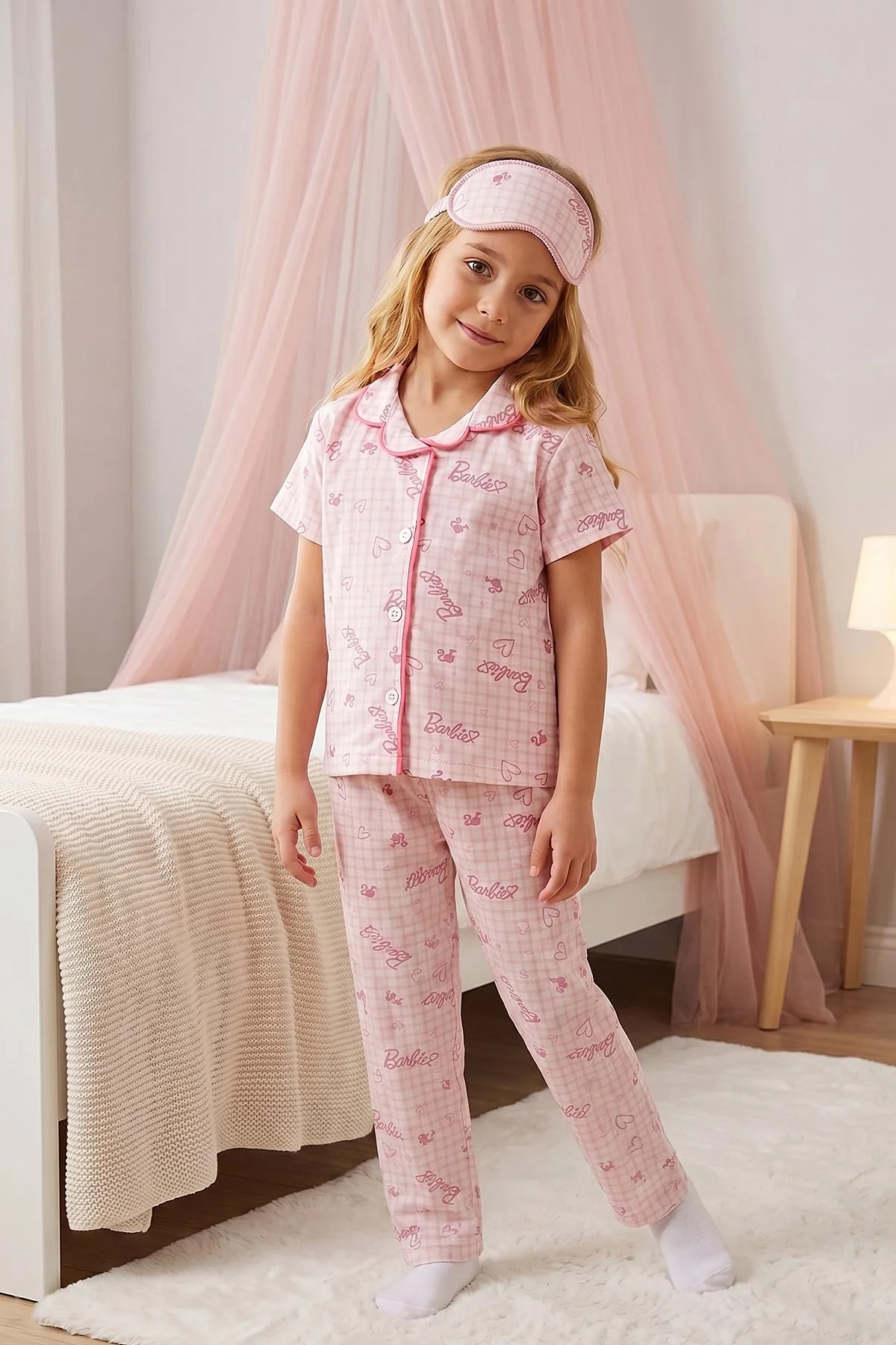 Pembe (4-12 Yaş) Karakter Desenli Kıl Biyeli Göz Bandı Detaylı Kız Çocuk Pijama Takım 460897