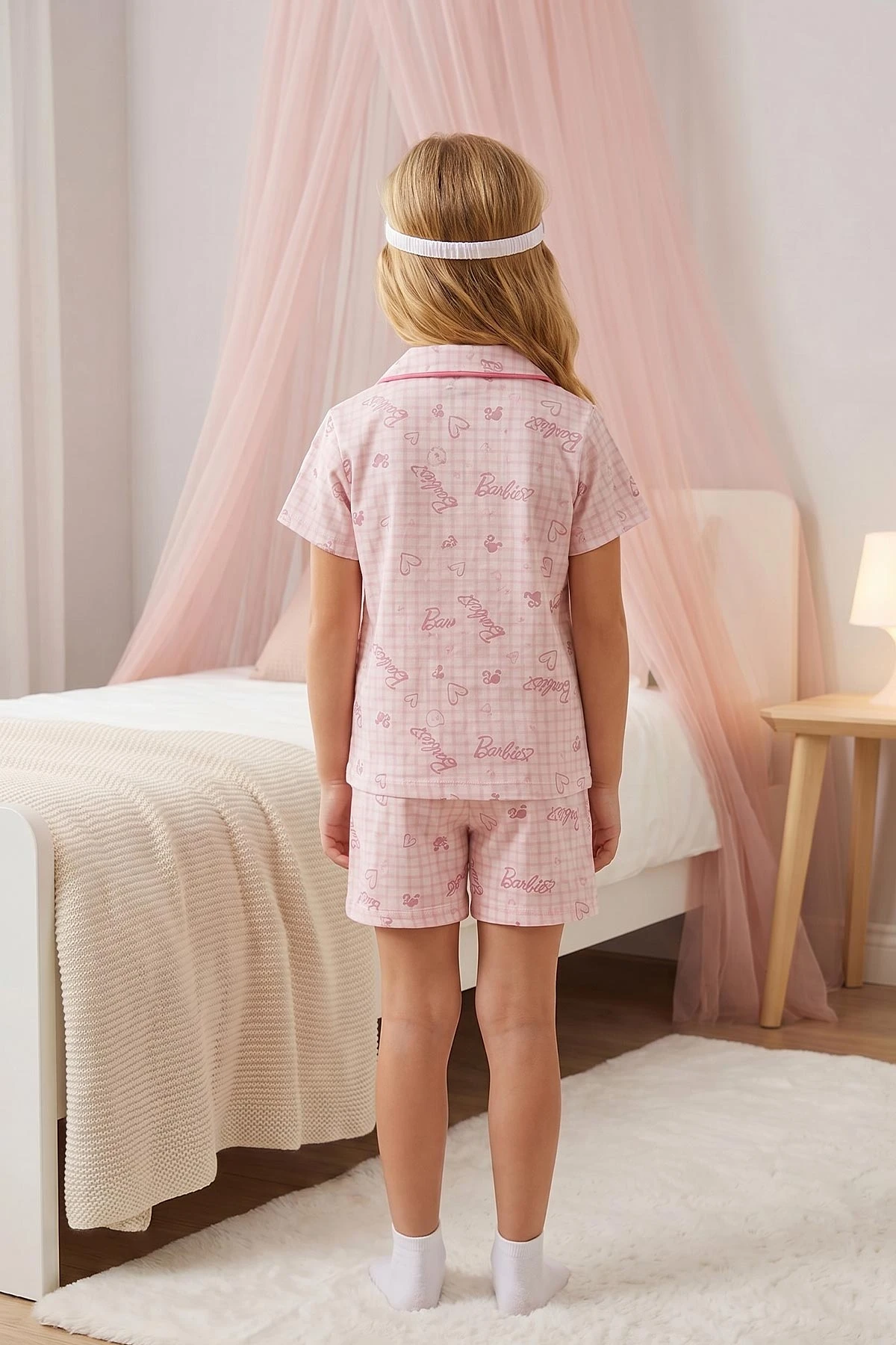 Pembe (4-12 Yaş) Karakter Desenli Kıl Biyeli Göz Bandı Detaylı Şortlu Kız Çocuk Pijama Takım 460888