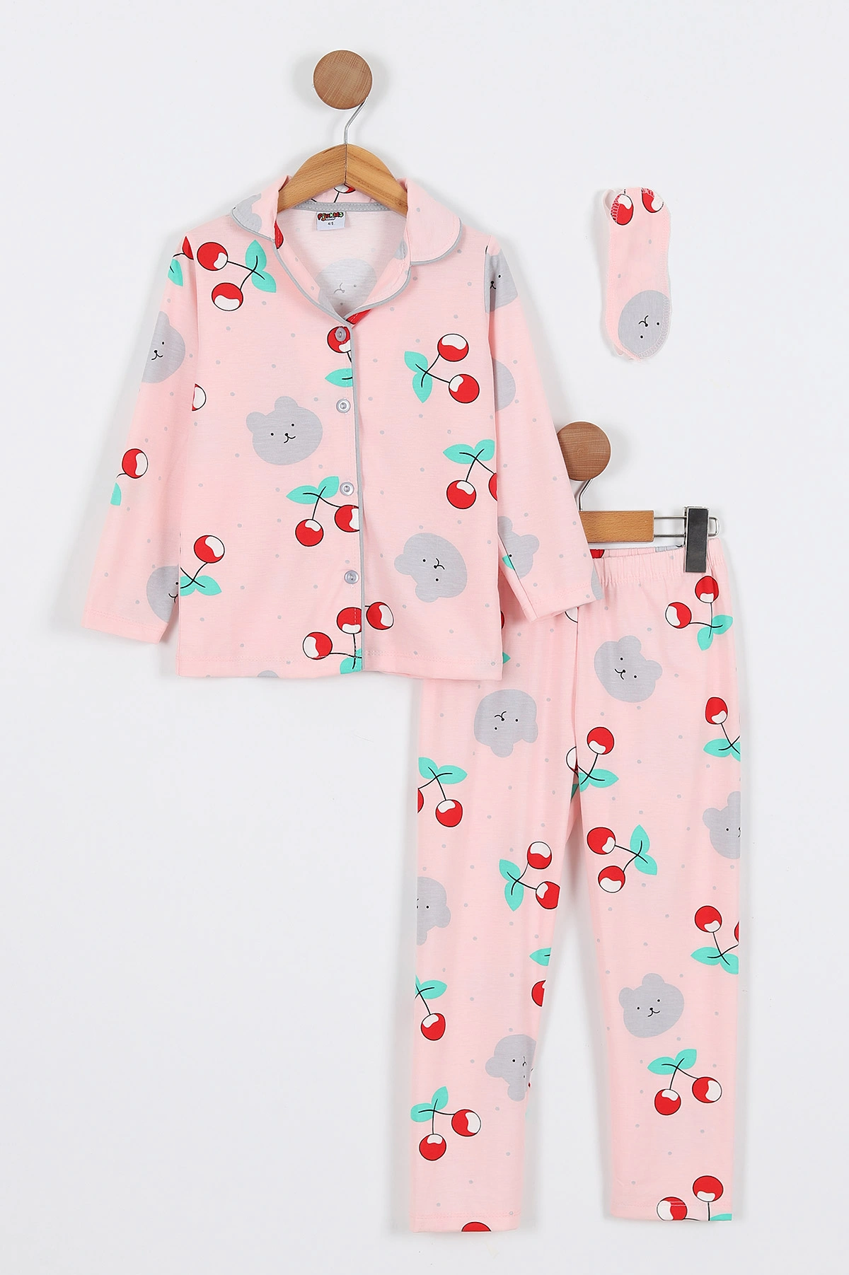 Pembe (4-12 Yaş) Kiraz Baskılı Ön Düğmeli Göz Bandı Detaylı Kız Çocuk Pijama Takım 337935