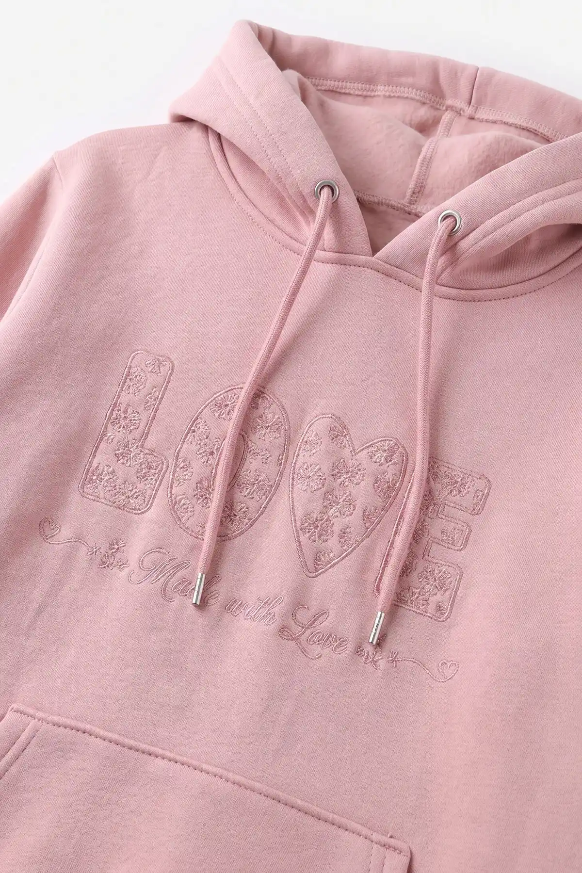 Pembe (4-12 Yaş) Love Nakışlı Kapüşonlu 3 İp Şardonlu Kız Çocuk Sweatshirt 495033