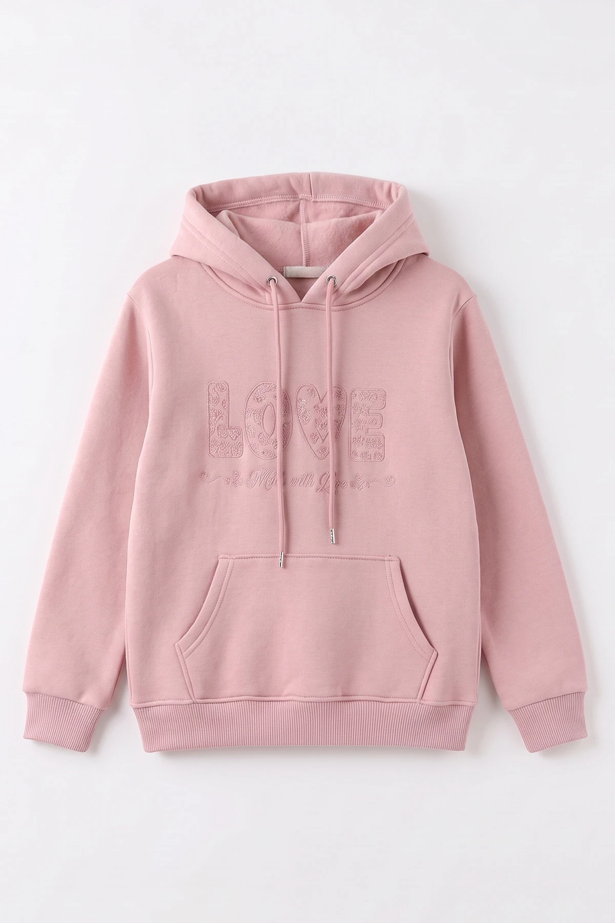 Pembe (4-12 Yaş) Love Nakışlı Kapüşonlu 3 İp Şardonlu Kız Çocuk Sweatshirt 495033