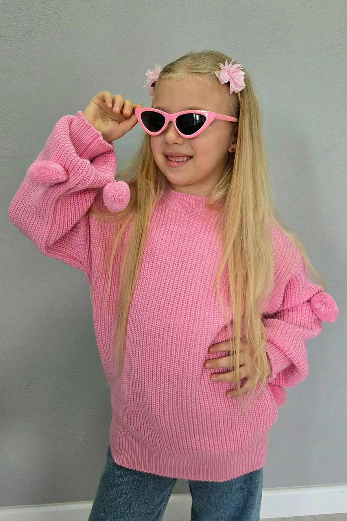 Pembe (4-12  Yaş)  Ponponlu Triko Kazaklı Kot Pantolonlu Kız Çocuk Takım 443356