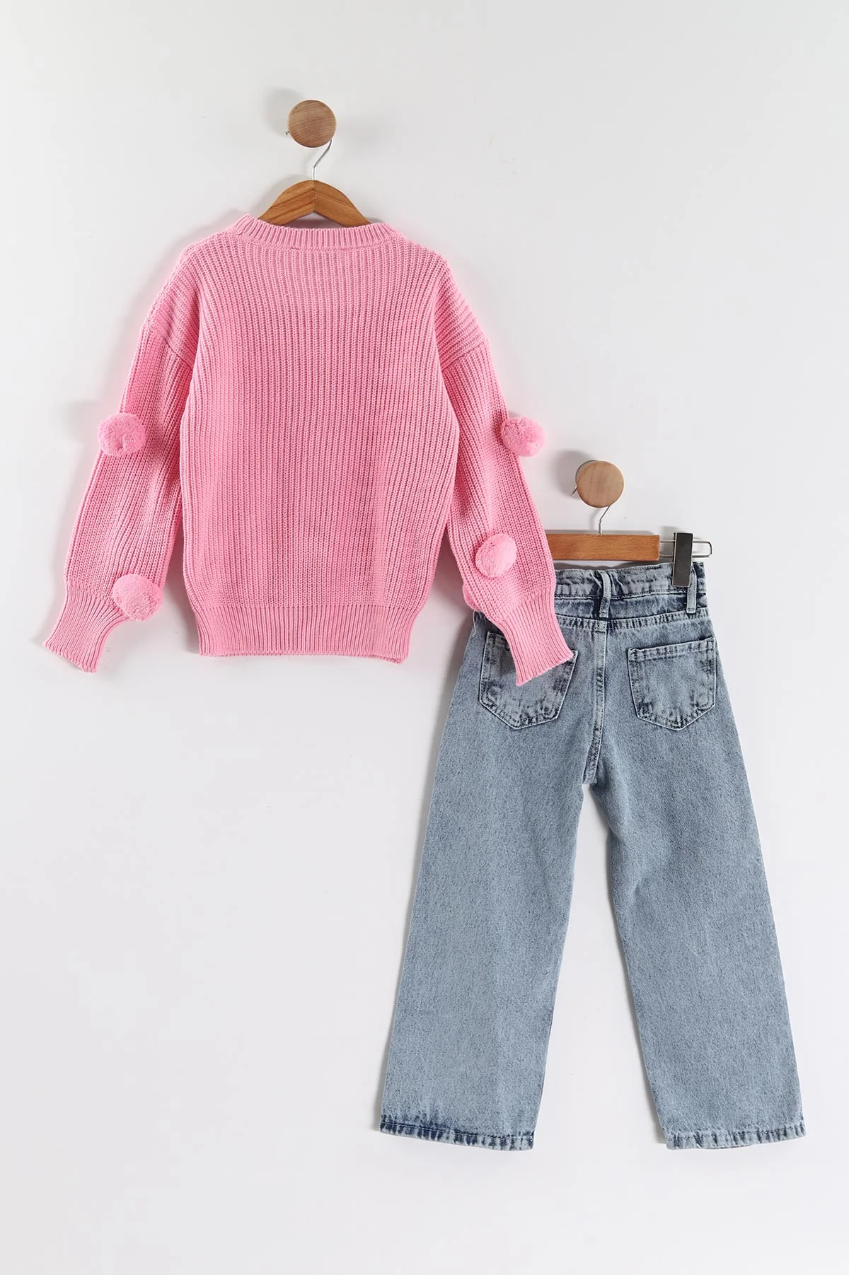 Pembe (4-12  Yaş)  Ponponlu Triko Kazaklı Kot Pantolonlu Kız Çocuk Takım 443356