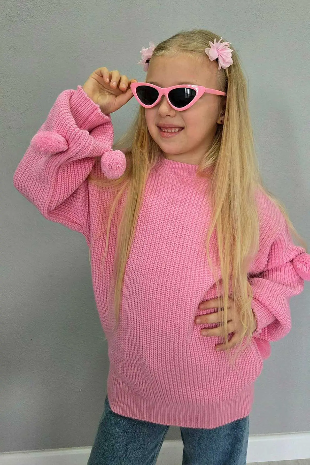Pembe (4-12  Yaş)  Ponponlu Triko Kazaklı Kot Pantolonlu Kız Çocuk Takım 443356