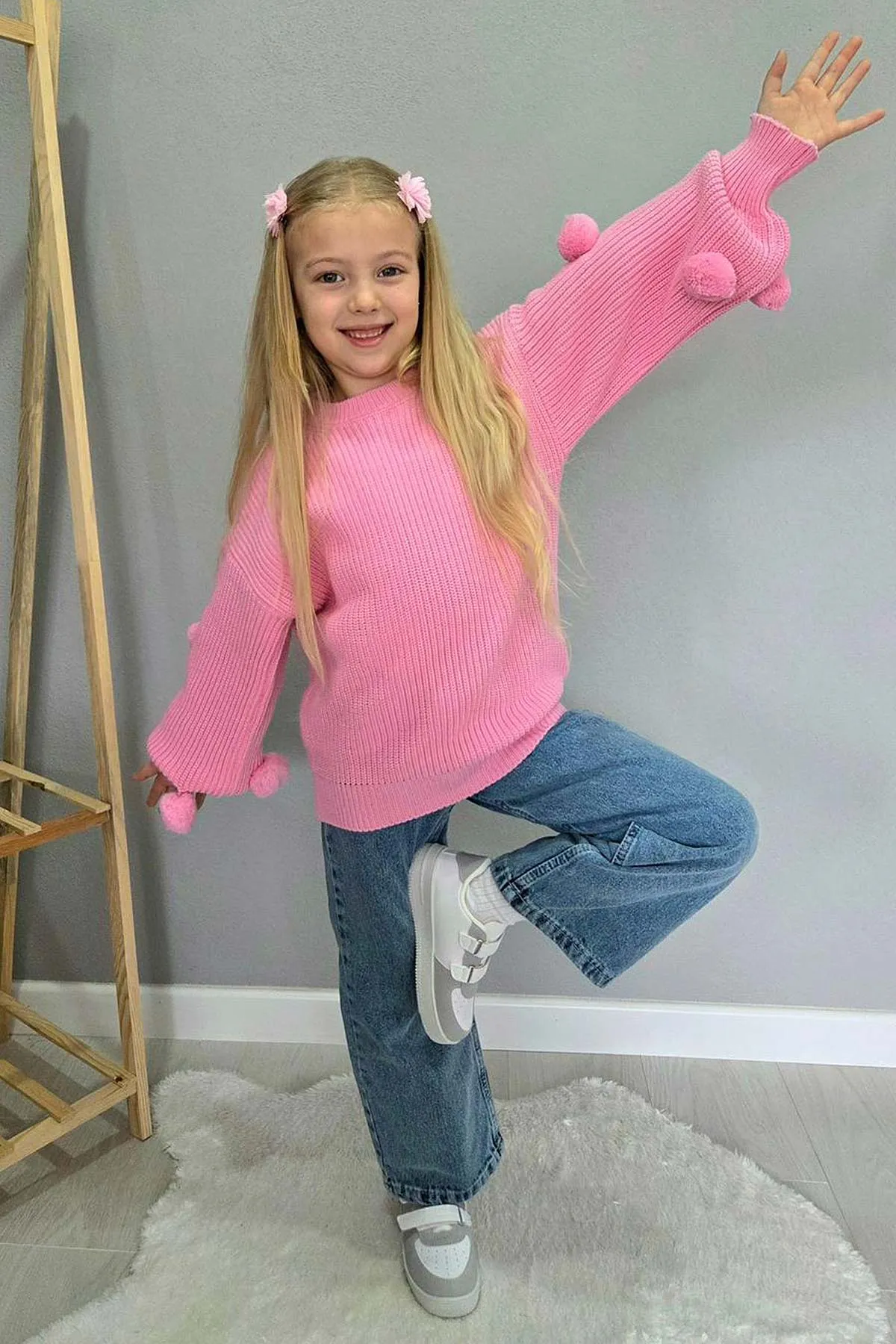 Pembe (4-12  Yaş)  Ponponlu Triko Kazaklı Kot Pantolonlu Kız Çocuk Takım 443356