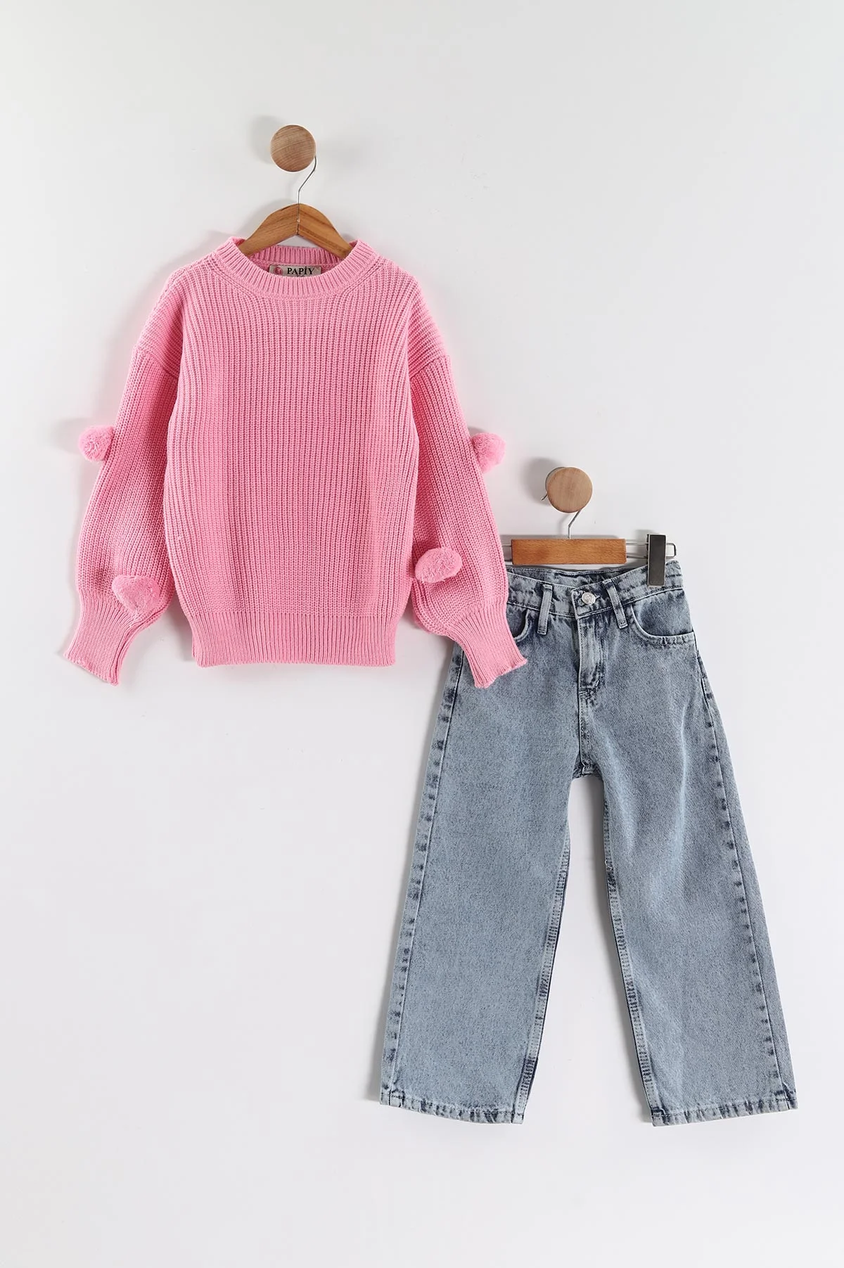Pembe (4-12  Yaş)  Ponponlu Triko Kazaklı Kot Pantolonlu Kız Çocuk Takım 443356