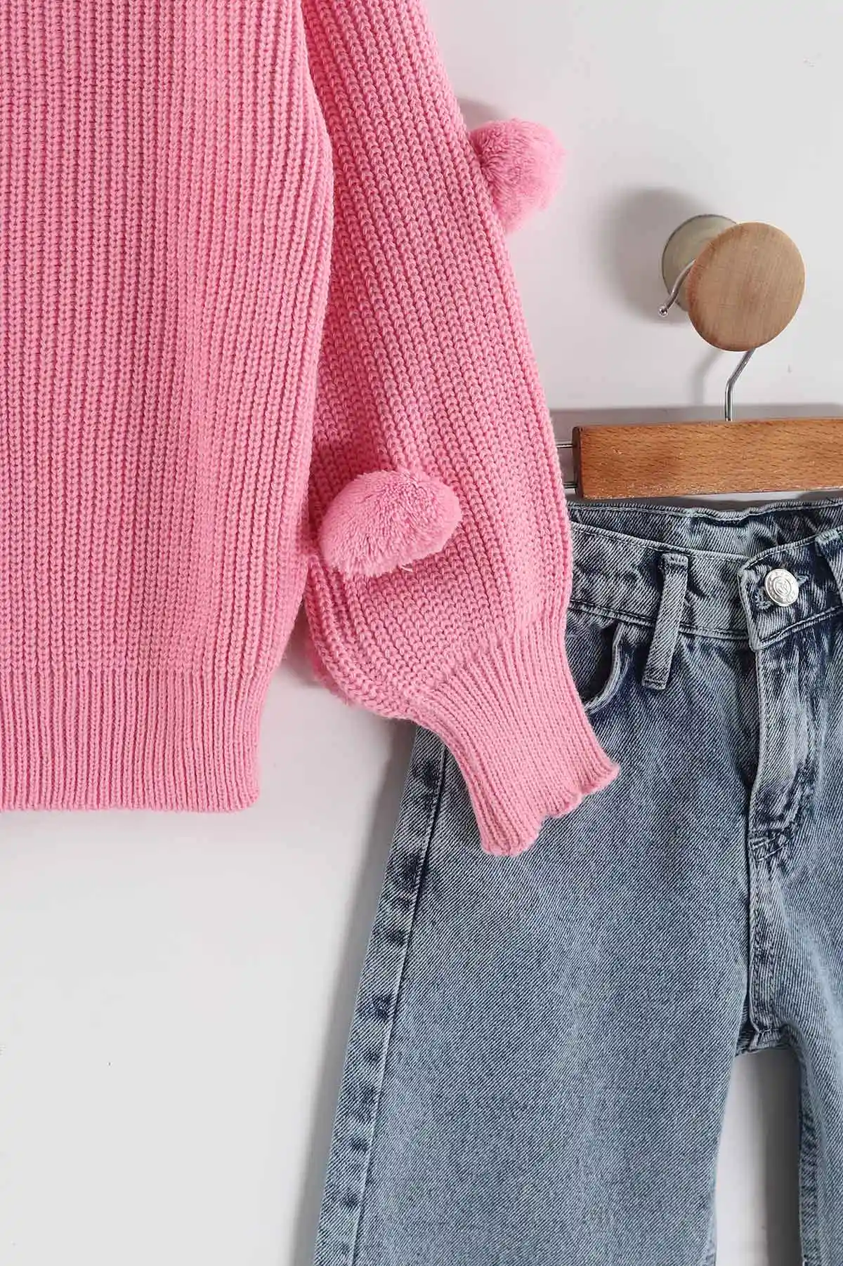Pembe (4-12  Yaş)  Ponponlu Triko Kazaklı Kot Pantolonlu Kız Çocuk Takım 443356