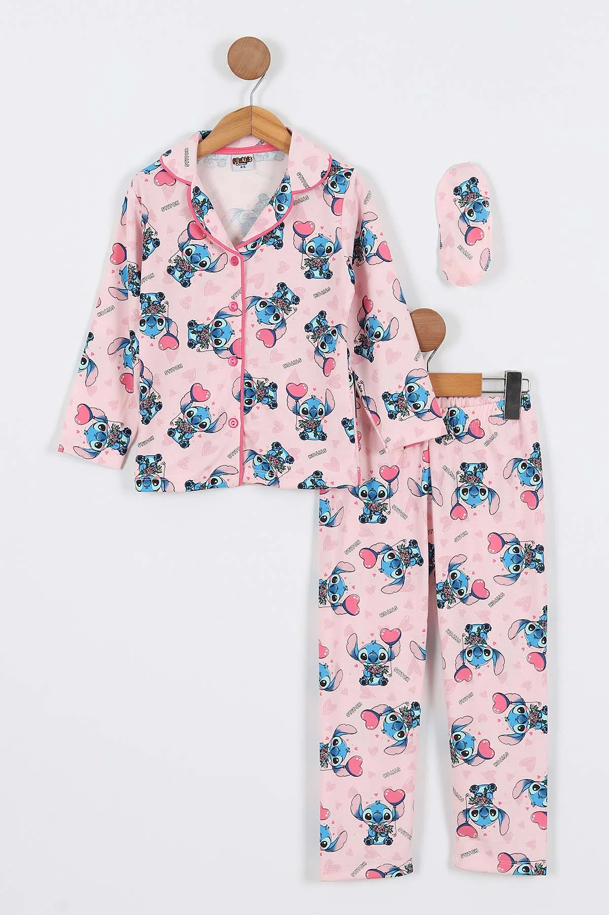 Pembe (4-12 Yaş) Uçan Kalp Baskılı Ön Düğmeli Göz Bandı Detaylı Kız Çocuk Pijama Takım 337936