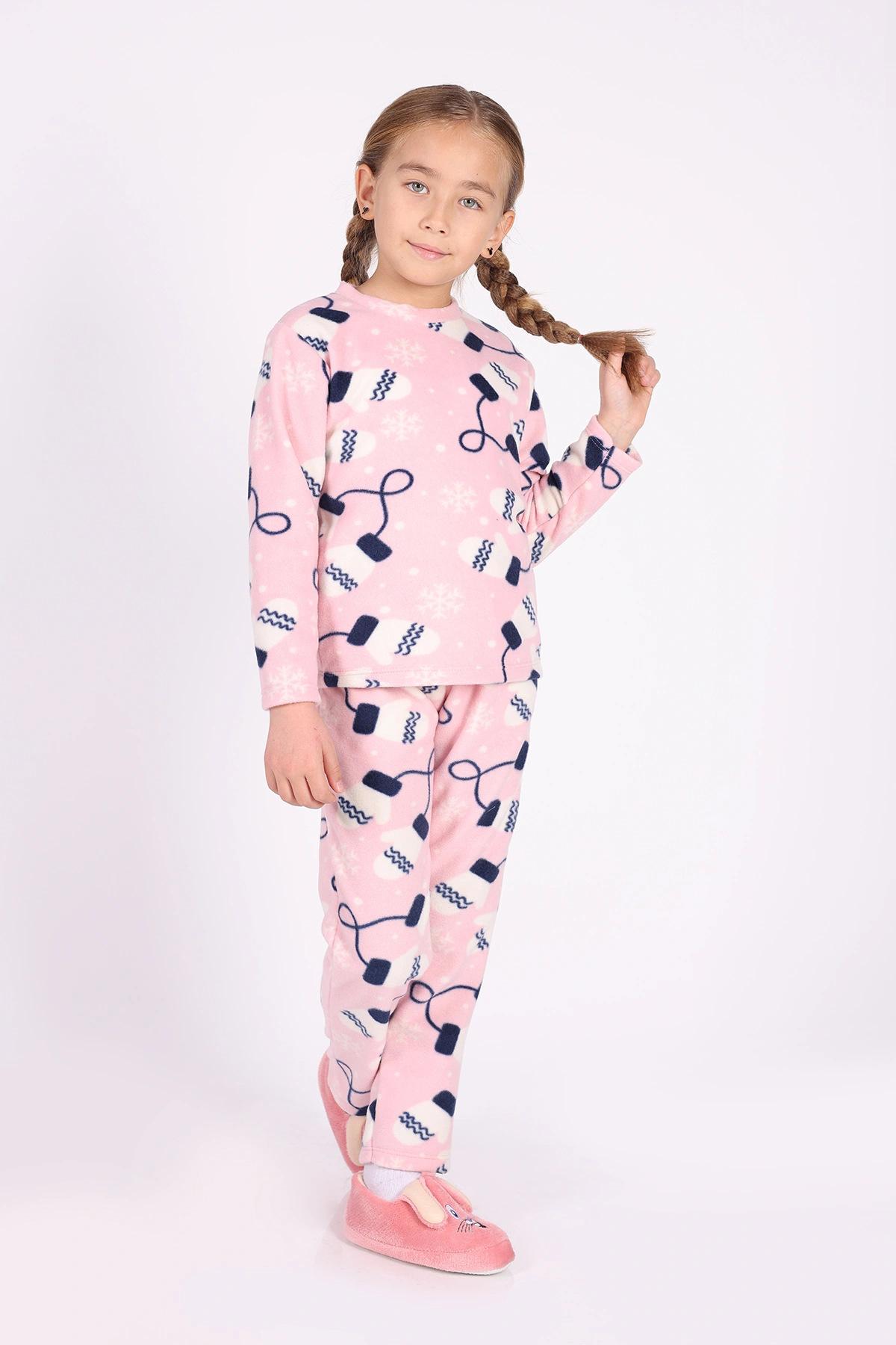 Pembe (4-12 Yaş)Eldiven  Desenli Polar Kumaş Kız Çocuk Pijama Takımı 327474