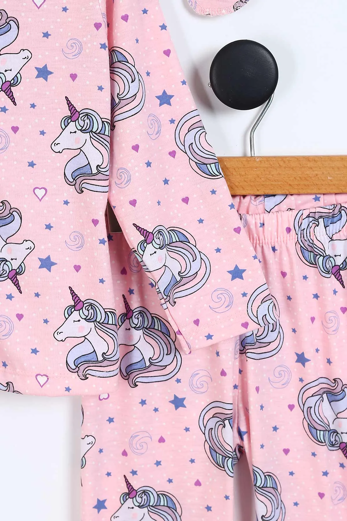 Pembe (4-12 Yaş)Kalp ve Yıldız  Baskılı Ön Düğmeli Göz Bandı Detaylı Kız Çocuk Pijama Takım 337929
