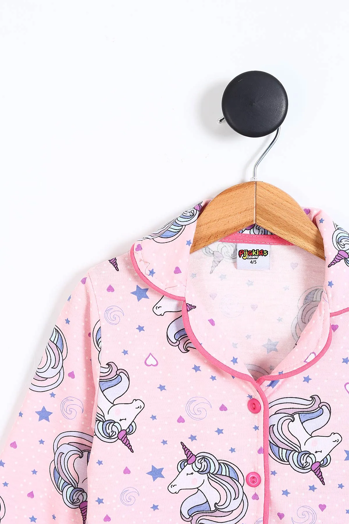 Pembe (4-12 Yaş)Kalp ve Yıldız  Baskılı Ön Düğmeli Göz Bandı Detaylı Kız Çocuk Pijama Takım 337929
