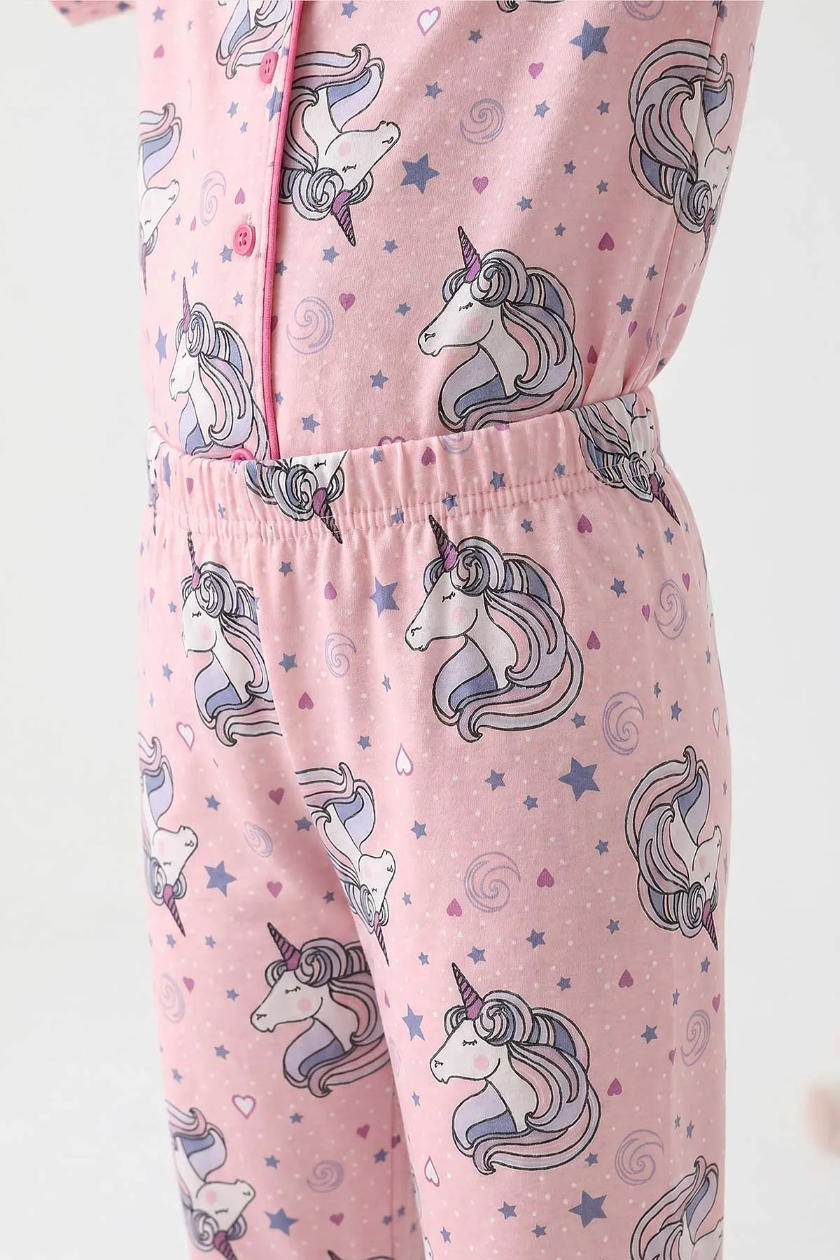 Pembe (4-12 Yaş)Karakter  Baskılı Kısa Kol Ön Düğmeli Göz Bandı Detaylı Kız Çocuk Pijama Takım 453237