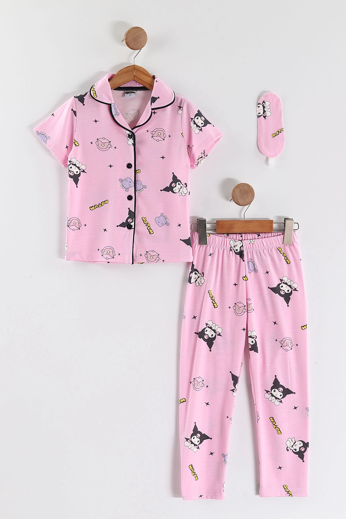 Pembe (4-12 Yaş)Karakter  Baskılı Kısa Kol Ön Düğmeli Göz Bandı Detaylı Kız Çocuk Pijama Takım 453245