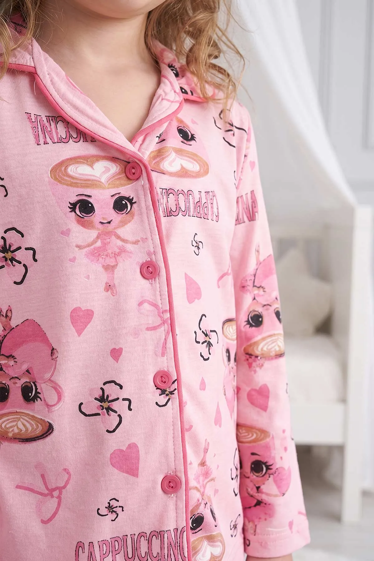 Pembe (4-12 Yaş)Karakter  Desenli   Uzun Kol  Ön Düğmeli Göz Bandı Detaylı Kız Çocuk Pijama Takım 473670