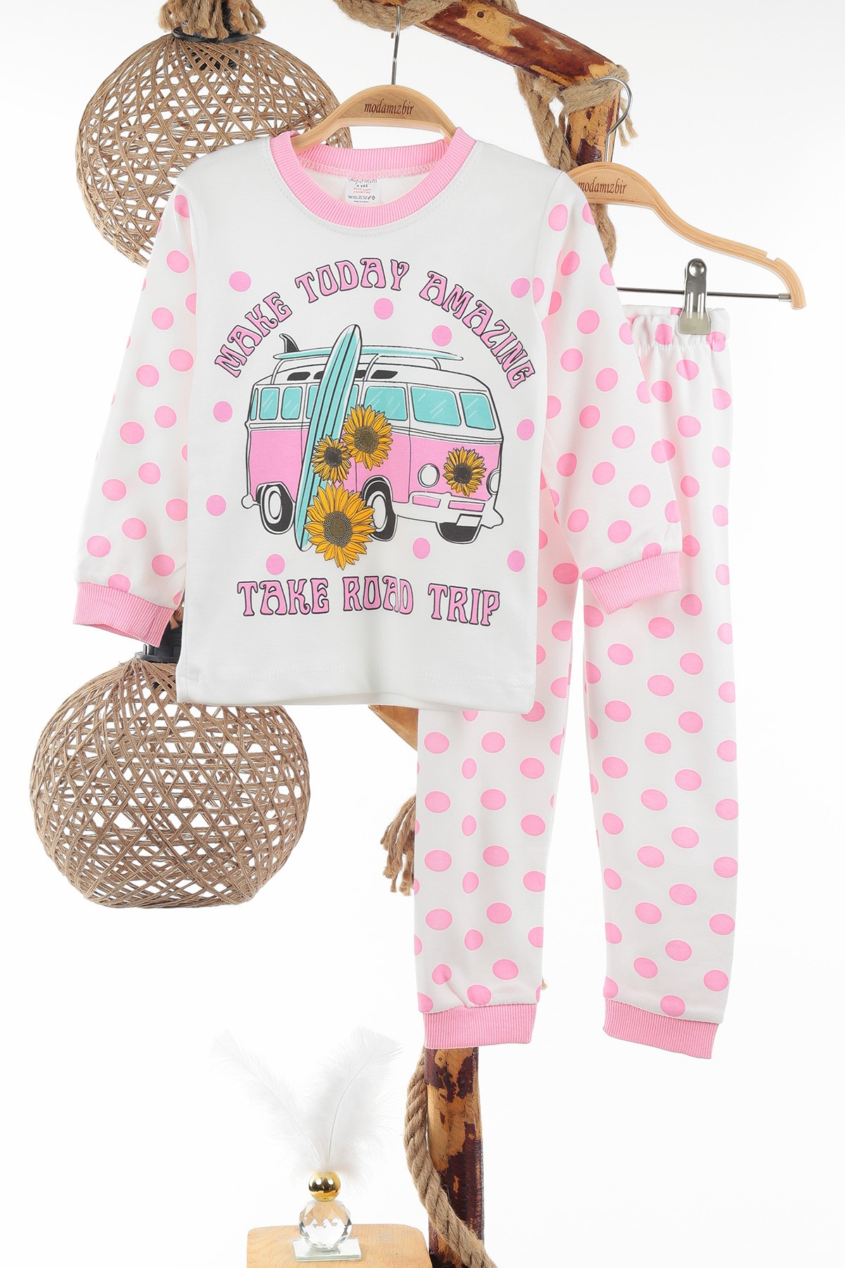Pembe (4-6 Yaş) Ekru Puanlı Kız Çocuk Pijama Takımı 137312