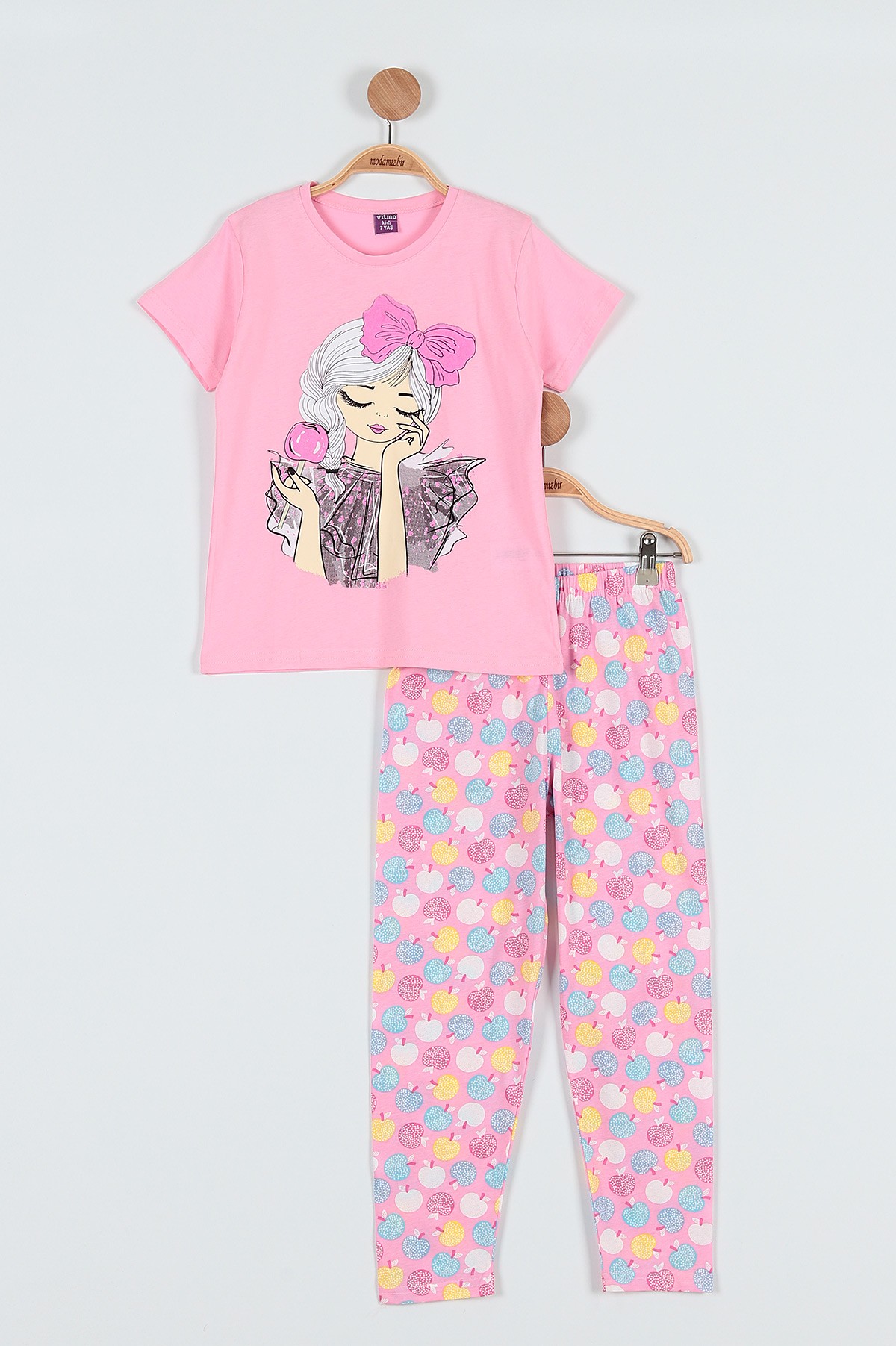 Pembe (4-6 Yaş) Elme Şekeri Baskılı Kız Çocuk Pijama takım 186843