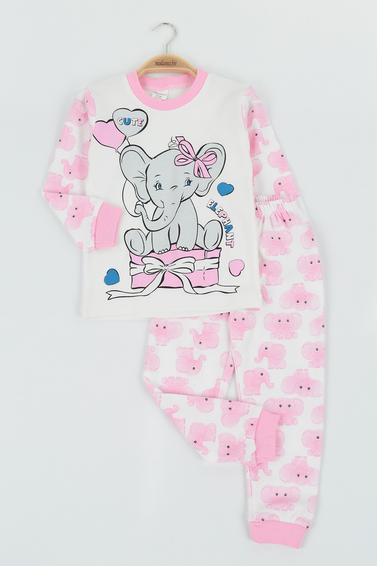 Pembe (4-6 Yaş) Fil Baskılı Kız Çocuk Pijama Takı 132846