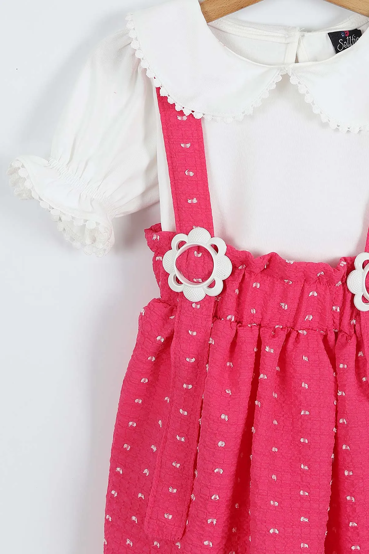 Pembe (4-8 Yaş) Papatya Tokalı Bebe Yaka Kız Çocuk Salopet Takım 276852