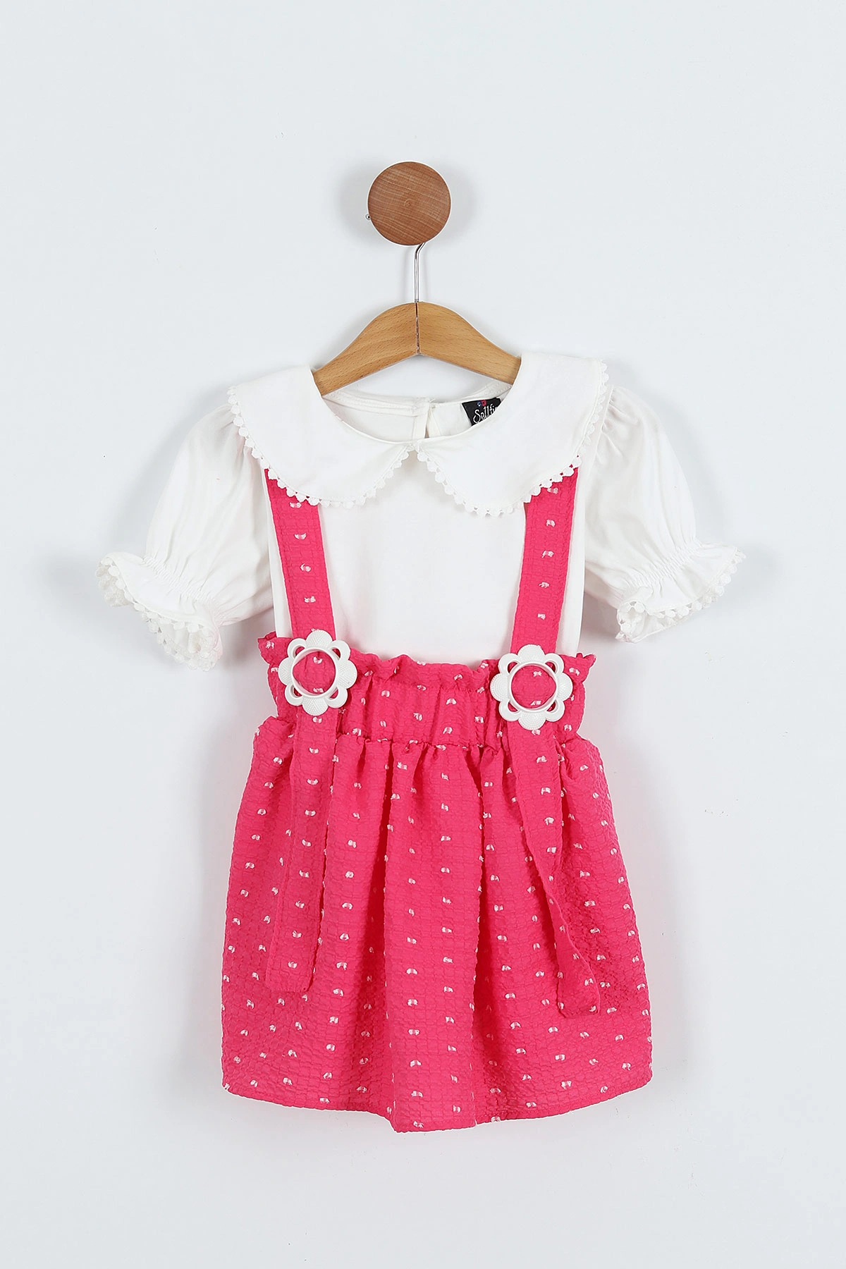Pembe (4-8 Yaş) Papatya Tokalı Bebe Yaka Kız Çocuk Salopet Takım 276852
