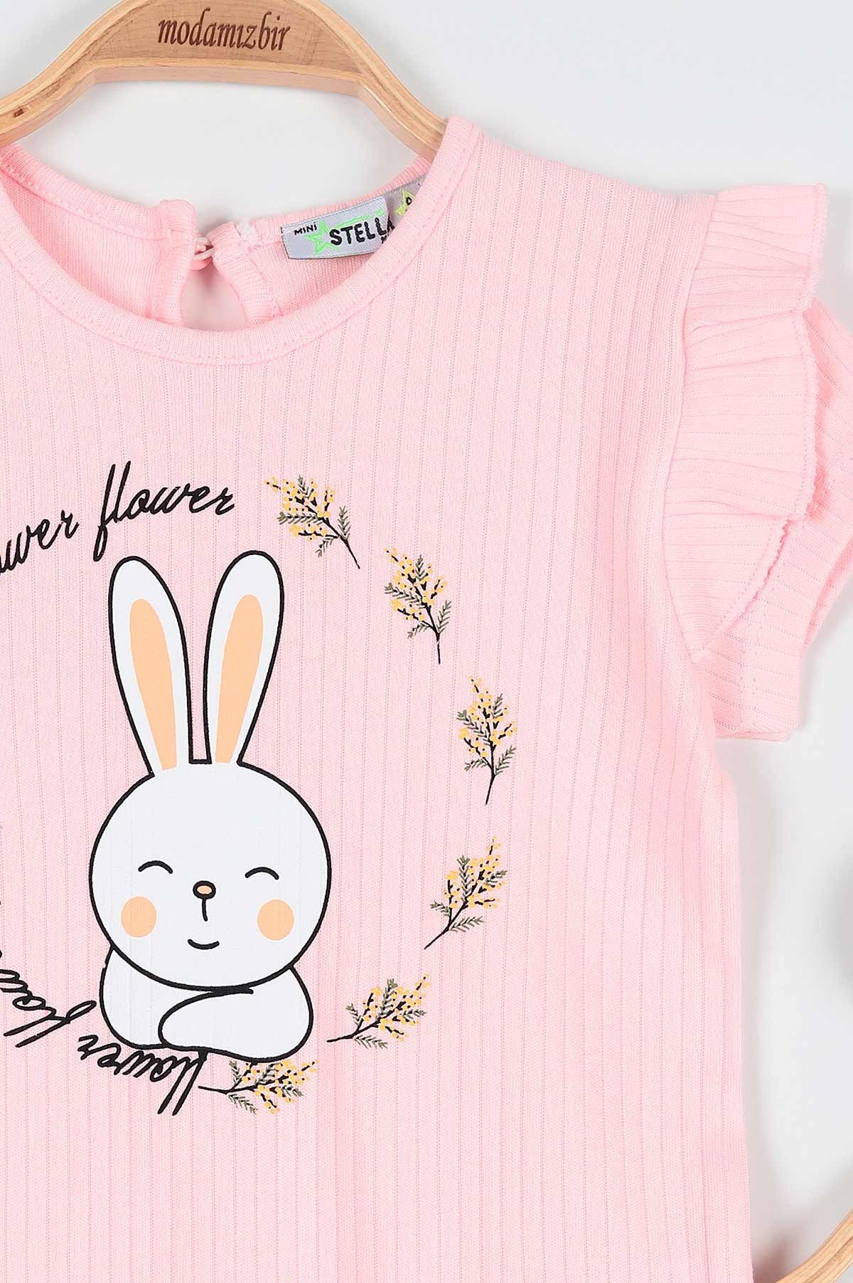 Pembe (4-8 Yaş) Tavşan Baskılı Kol Fırfırlı Şortlu Kız Bebe Takım 191384