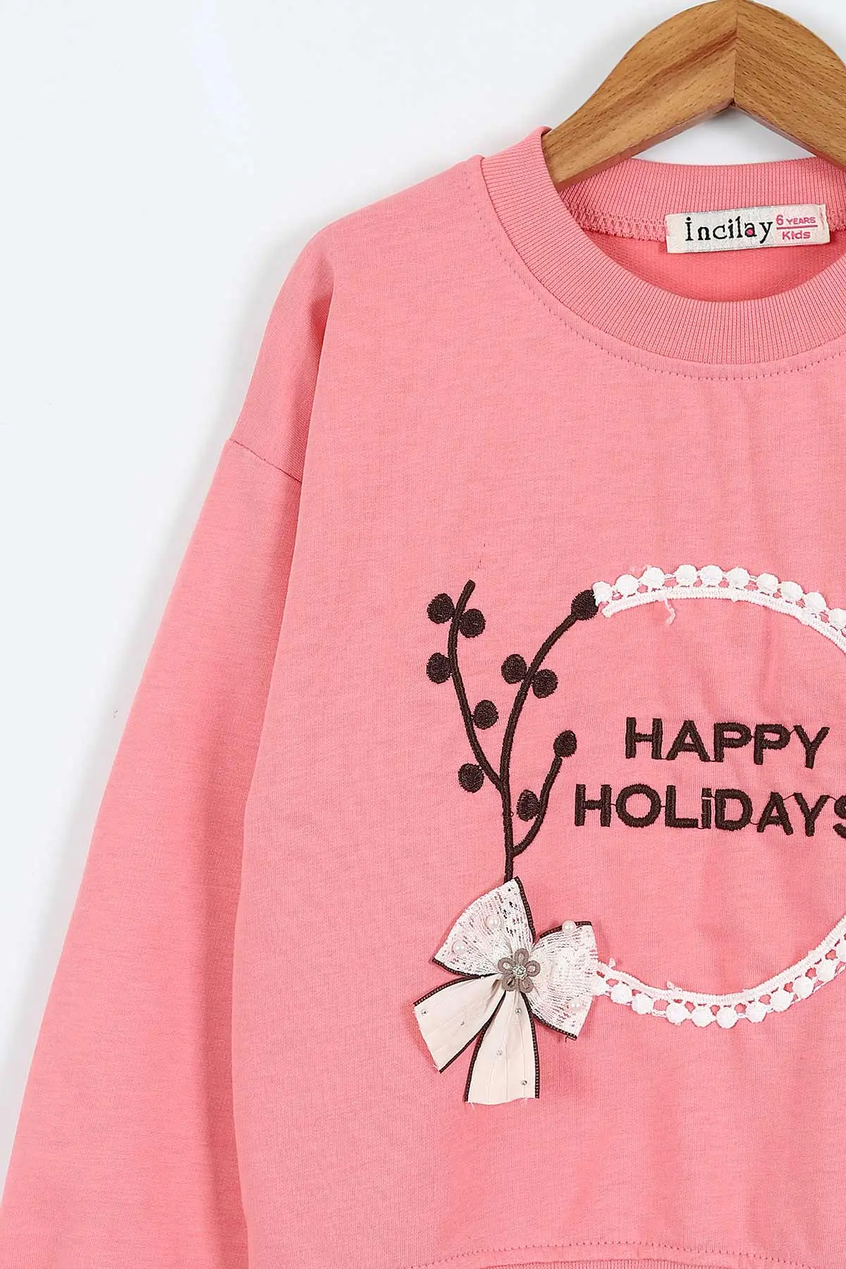 Pembe (5-10 Yaş)Happy Holidays Nakışlı Sweatli Bol Paça Kot Pantolonlu Kız Çocuk 2'li Takım 416188