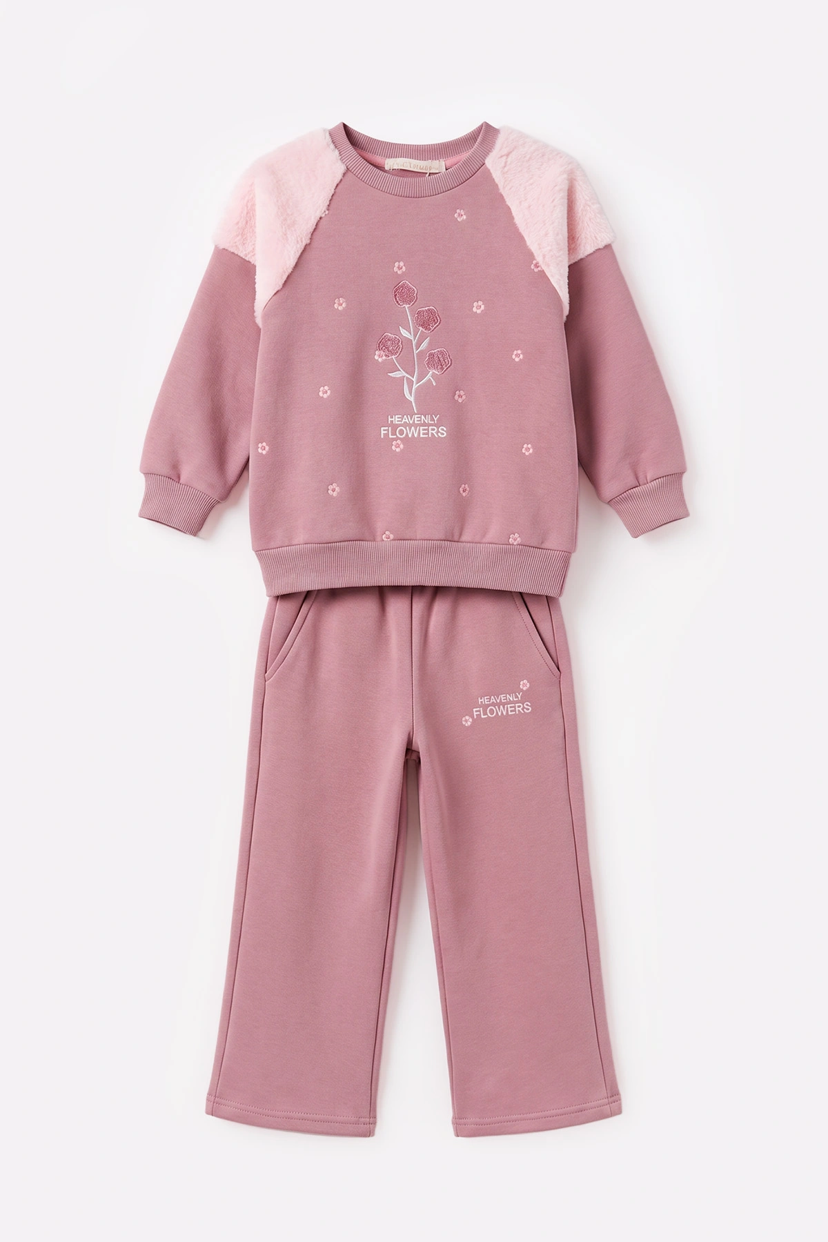 Pembe (5-12 Yaş) Papatya Baskılı Kolları Peluş 3 İp Şardonlu Kız Çocuk Kışlık Takım 499702