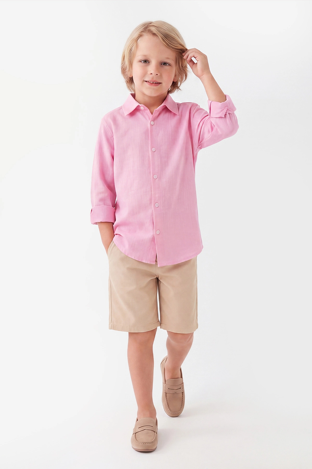 Pembe (5-12 Yaş)Uzun Kol Gömlekli Gabardin Şortlu Erkek Çocuk Takım 455448