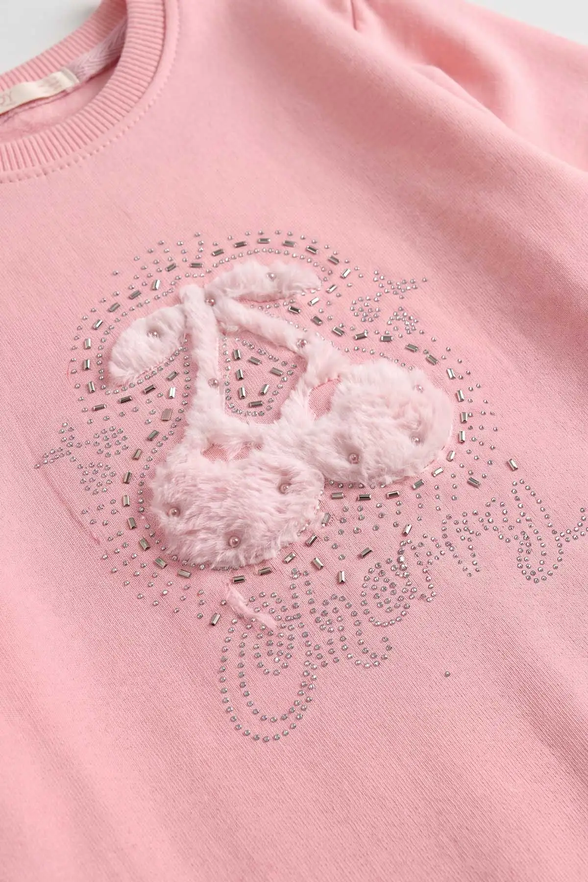 Pembe (5-13 Yaş) Kiraz Nakışlı Taşlı  İçi Şardonlu Kız Çocuk Sweatshirt 483262