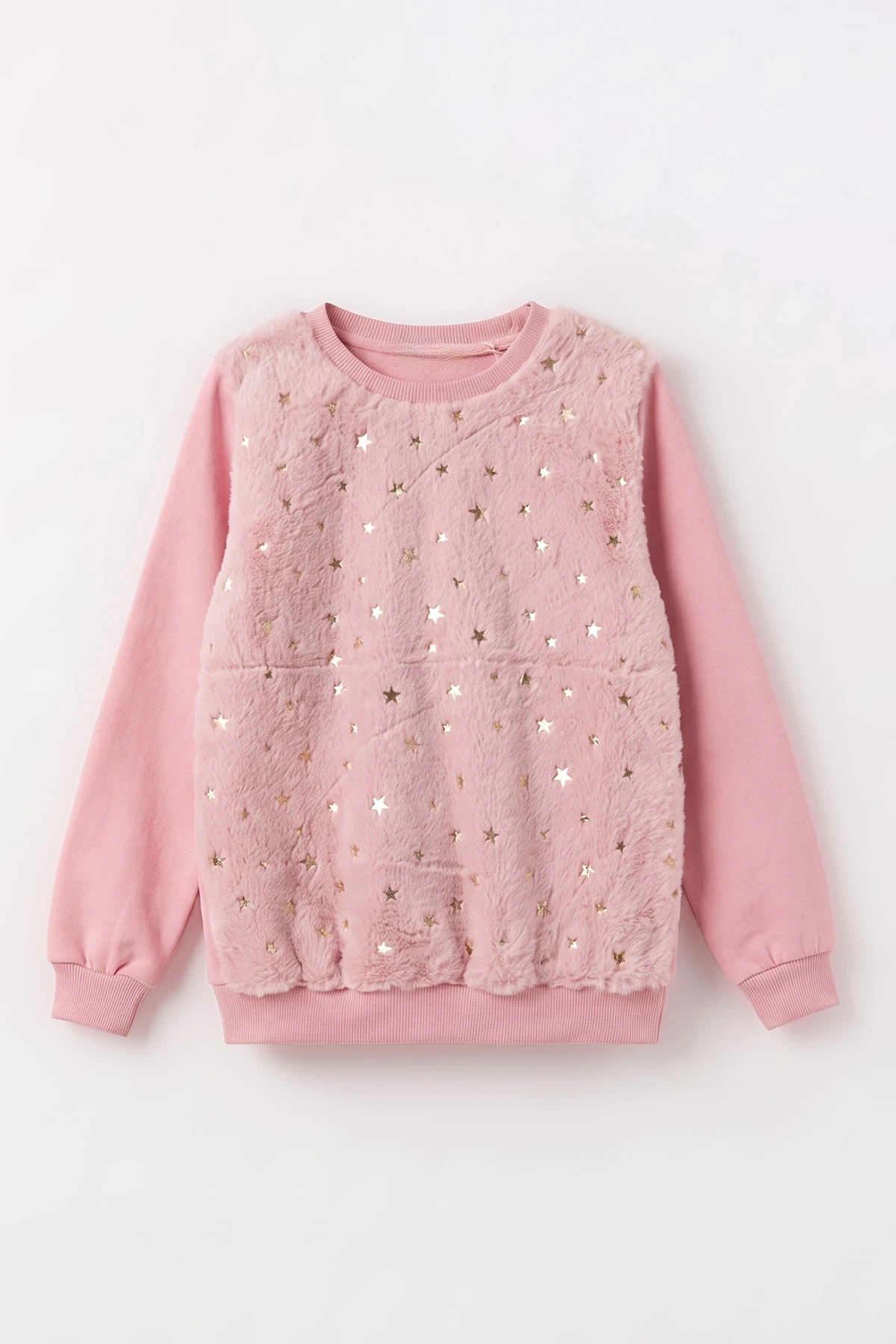Pembe (5-13 Yaş) Önü Yıldızlı  Peluşlu İçi  Hafif   Şardonlu Kız Çocuk Sweatshirt 489287