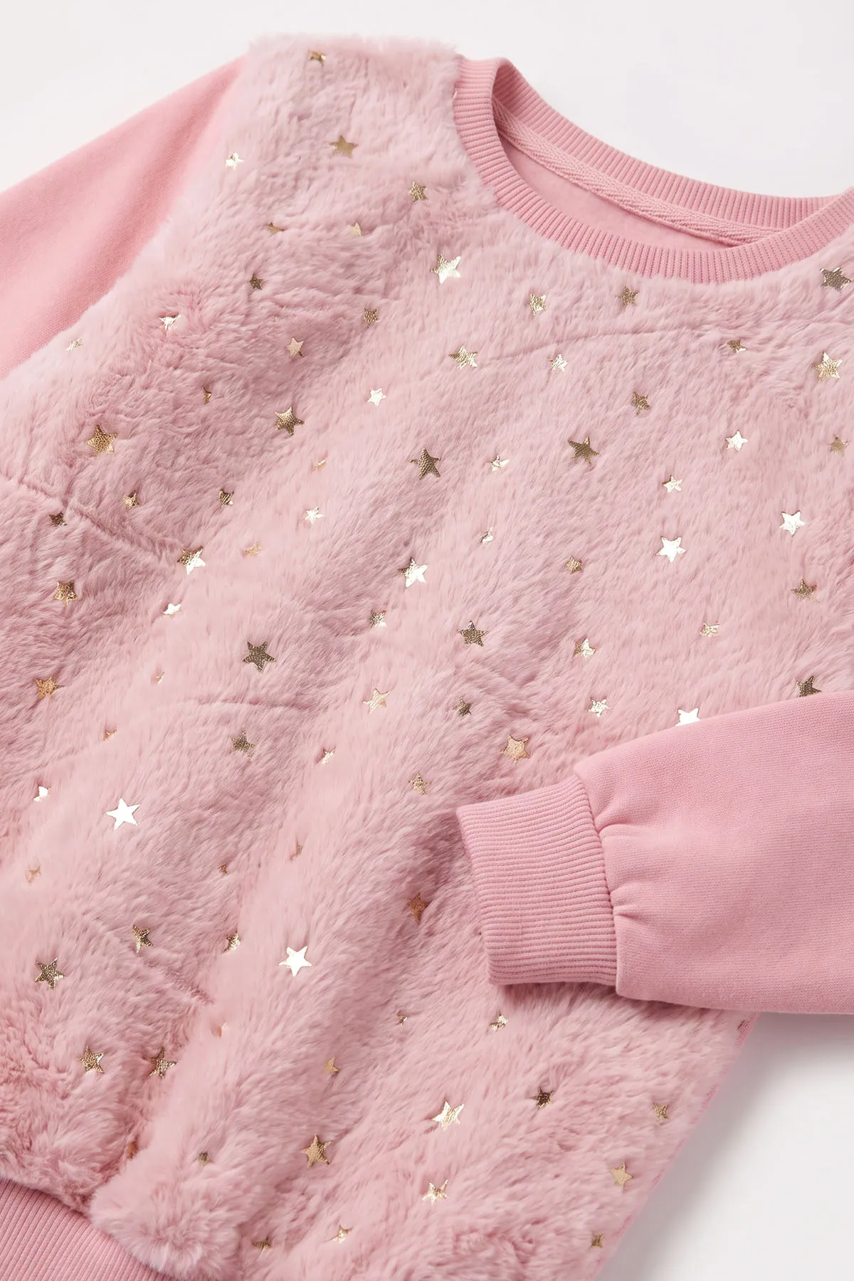 Pembe (5-13 Yaş) Önü Yıldızlı  Peluşlu İçi  Hafif   Şardonlu Kız Çocuk Sweatshirt 489287