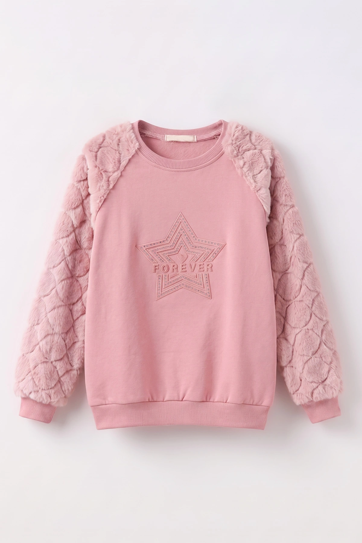 Pembe (5-13 Yaş) Yıldız Baskılı Kolları Peluşlu İçi Hafif Pamuklu Kız Çocuk Sweatshirt 489292