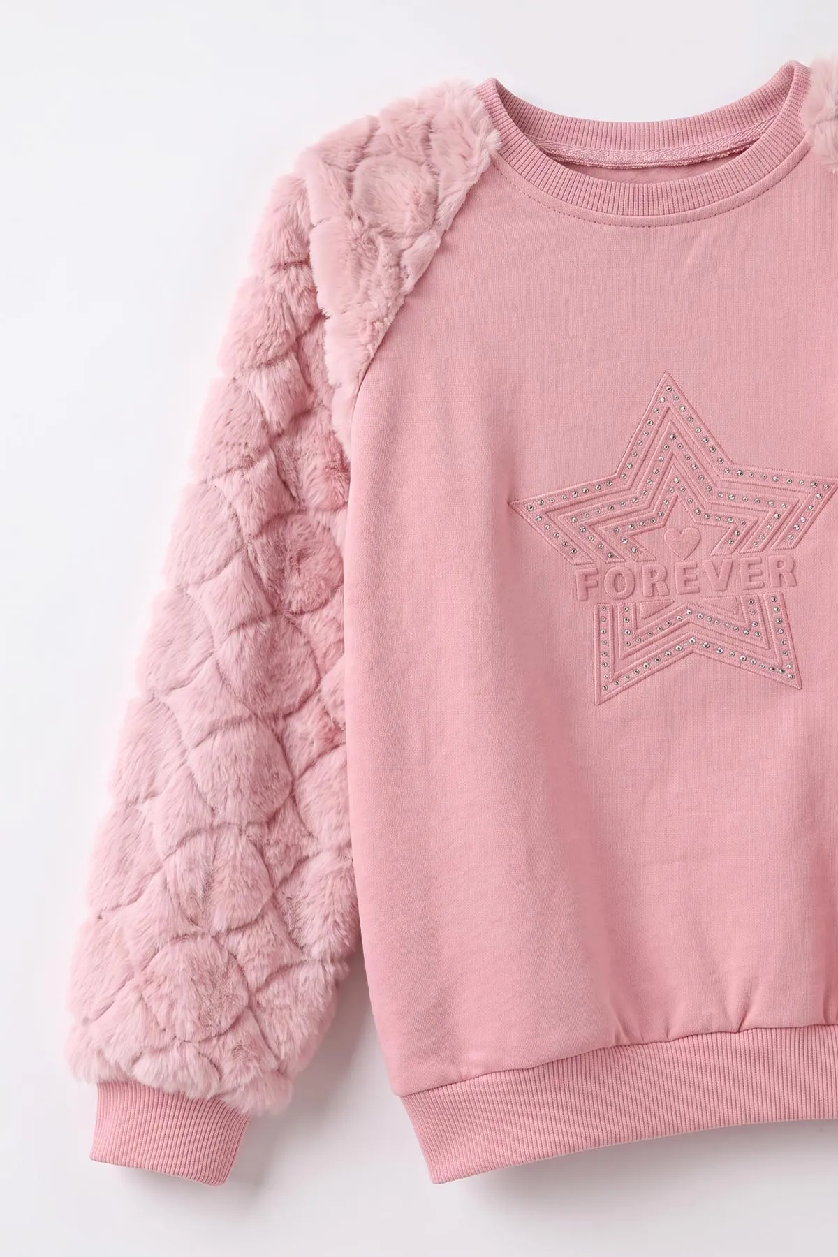 Pembe (5-13 Yaş) Yıldız Baskılı Kolları Peluşlu İçi Hafif Pamuklu Kız Çocuk Sweatshirt 489292
