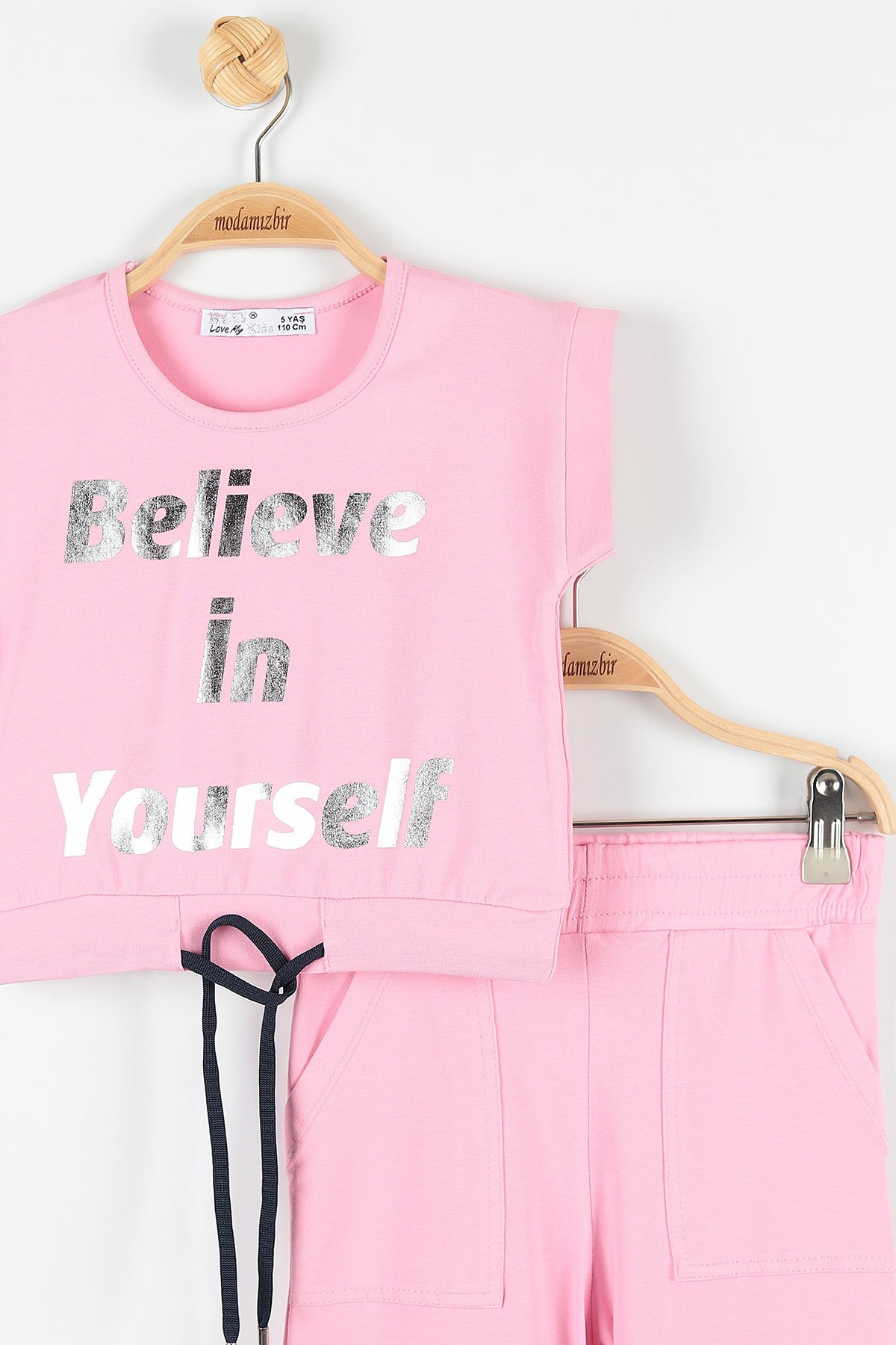 Pembe (5-8 Yaş) Believe Baskılı Kol Detaylı Belden Bağlamalı Kız Çocuk Takım 172731