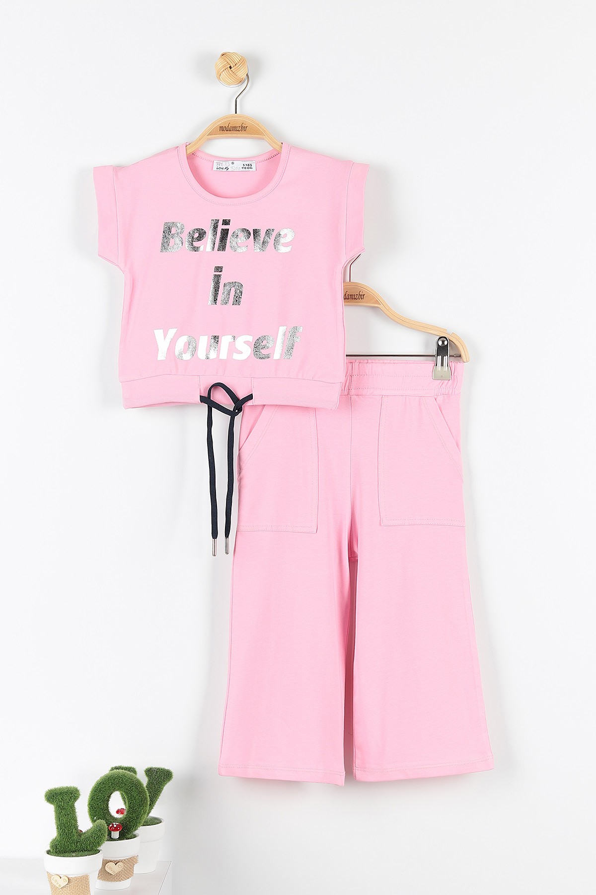 Pembe (5-8 Yaş) Believe Baskılı Kol Detaylı Belden Bağlamalı Kız Çocuk Takım 172731