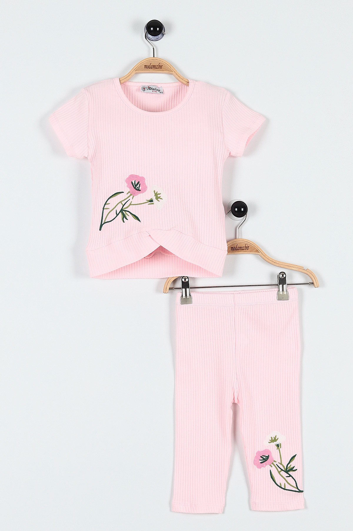Pembe (5-8 Yaş) Çiçek Nakışlı Bel Detaylı Fitilli Kız Çocuk Takım 184814