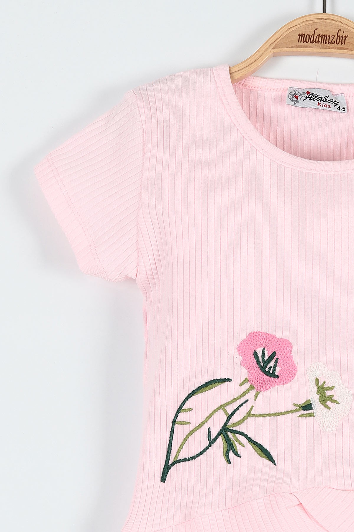 Pembe (5-8 Yaş) Çiçek Nakışlı Bel Detaylı Fitilli Kız Çocuk Takım 184814