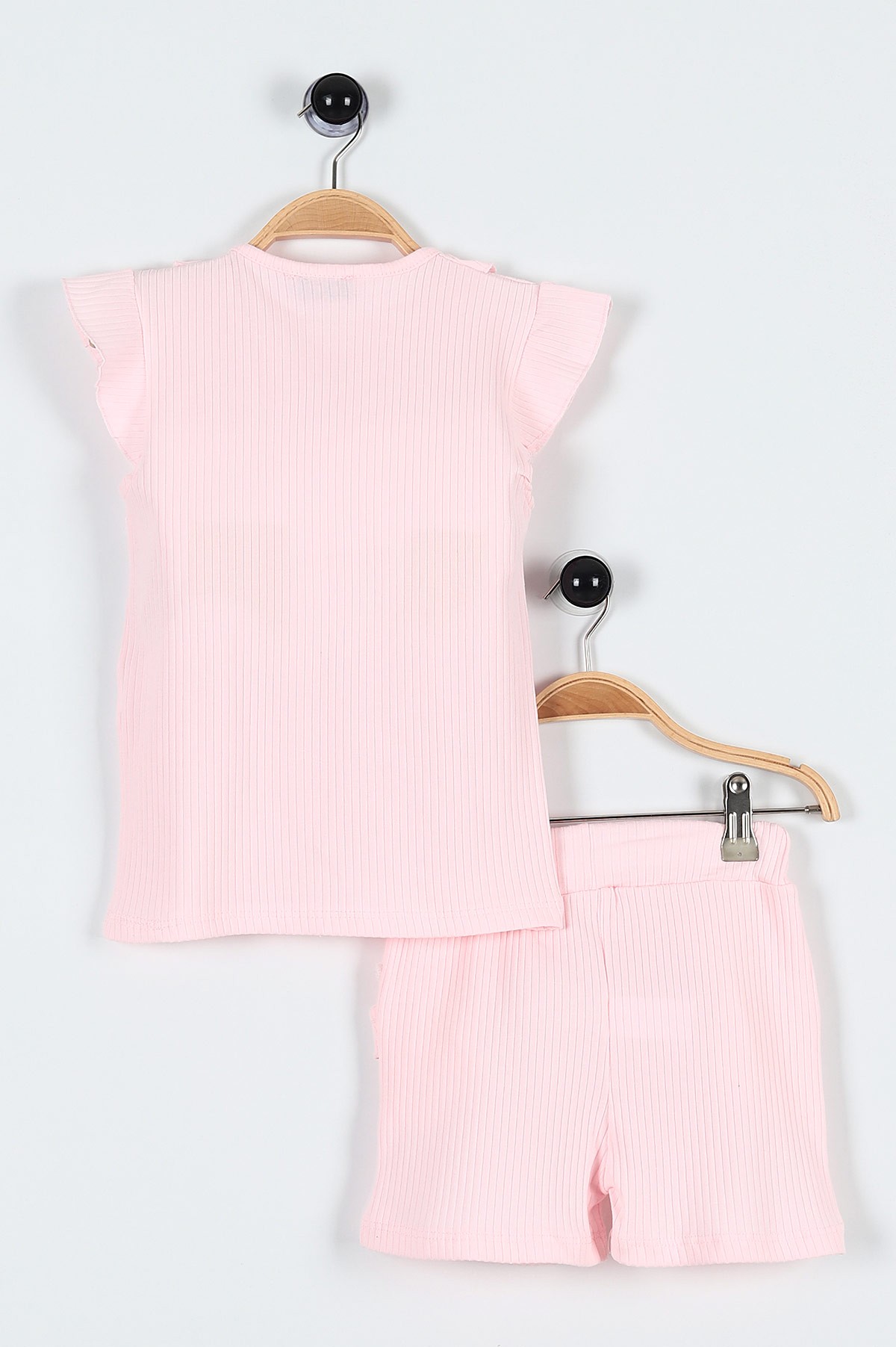 Pembe (5-8 Yaş) Fiyonklu Fitilli Yaka Cep Detaylı Şortlu Kız Bebe Takım 184808