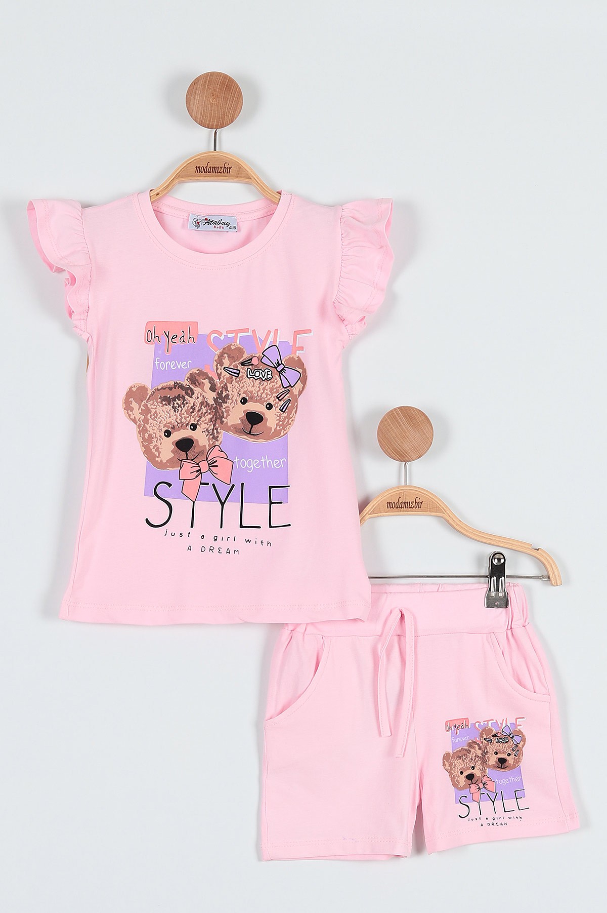 Pembe (5-8 Yaş) Love Ayı Baskılı Şortlu Kol Fırfırlı Erkek Çocuk Takım 185505