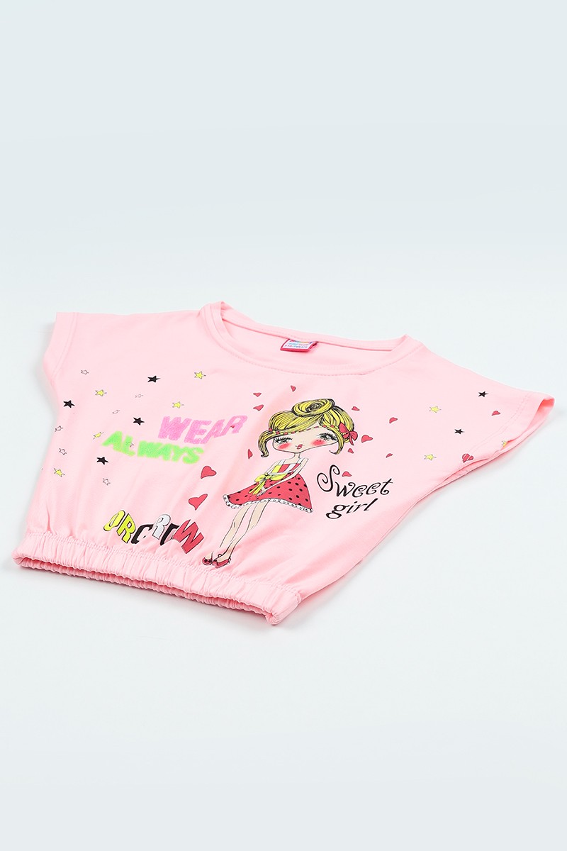 Pembe (5-8 yaş) Pul İşlemeli Bel Lastikli Kız Çocuk Tişört 105294
