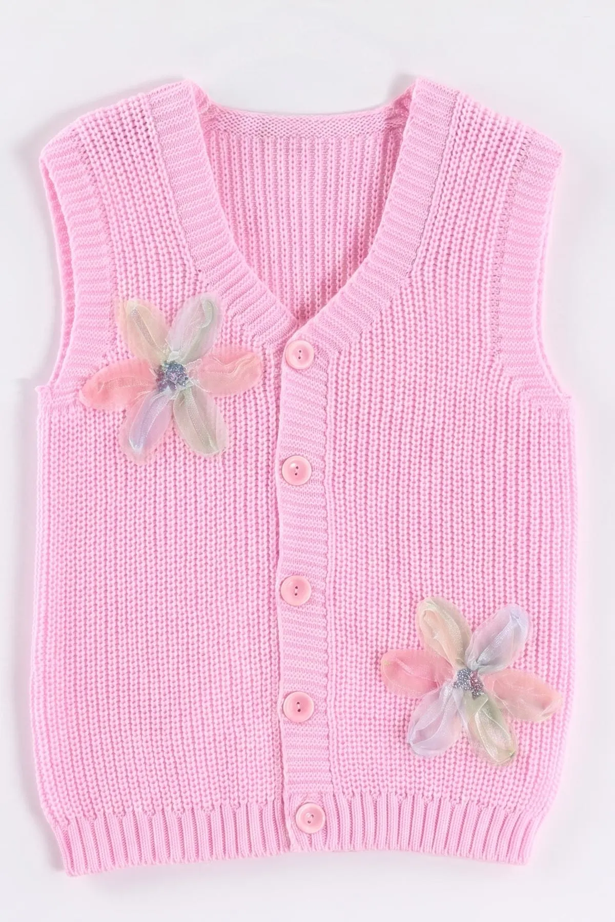 Pembe (5-8 Yaş) Pullu Çiçek Motifli Triko Selanik Kız Çocuk Yelek 474275