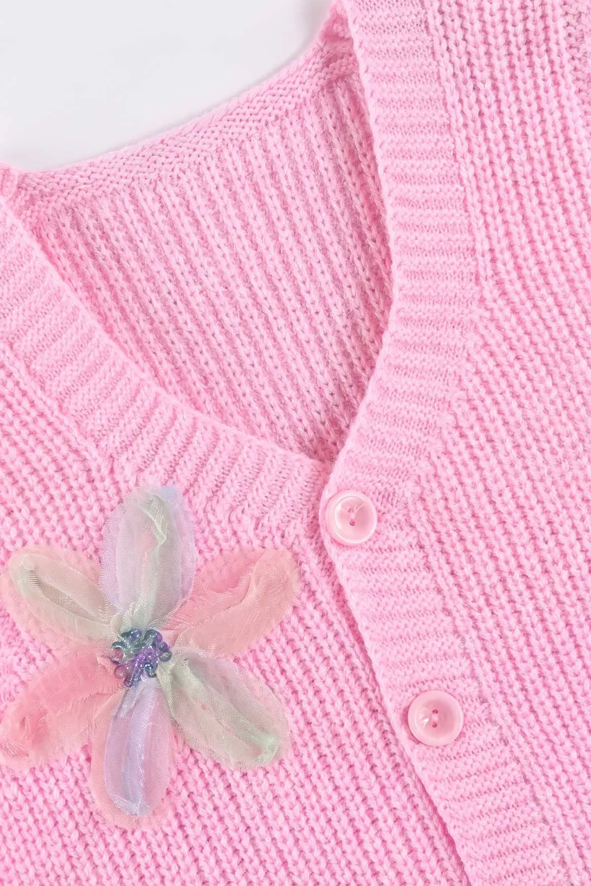 Pembe (5-8 Yaş) Pullu Çiçek Motifli Triko Selanik Kız Çocuk Yelek 474275