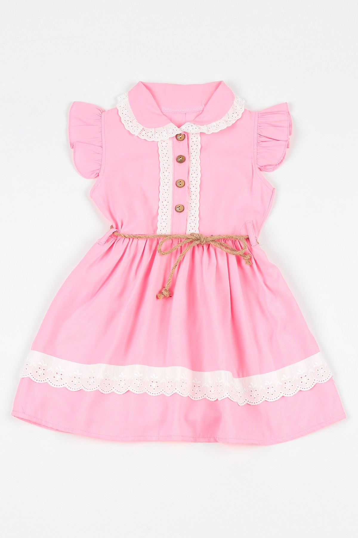 Pembe (5-8 yaş) Yaka ve Eteği Dantelli  Kız Çocuk Elbise 108746