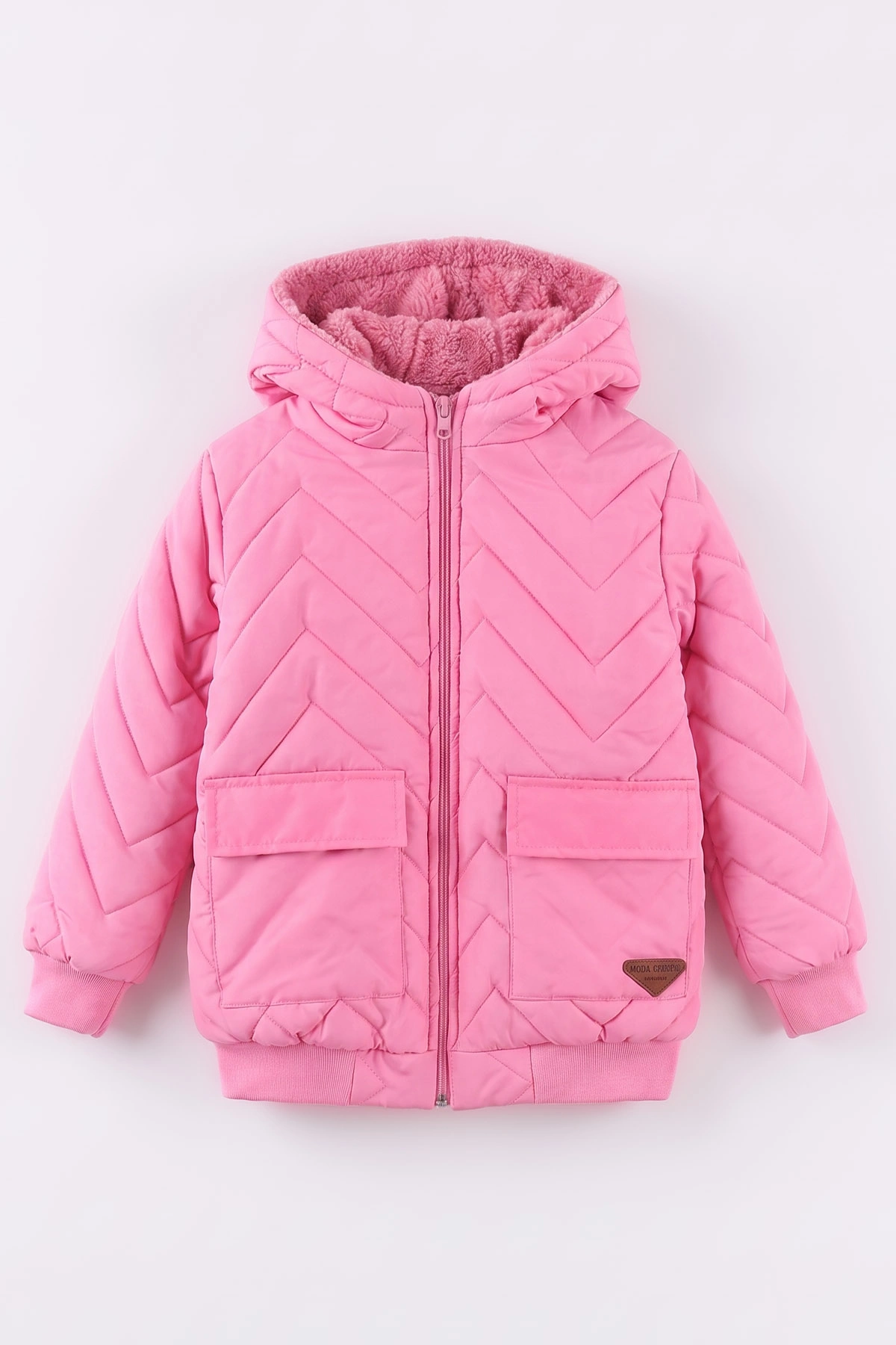Pembe (5-9 Yaş) Çavuş Desenli Kapüşonlu Kız Çocuk Mont 494217