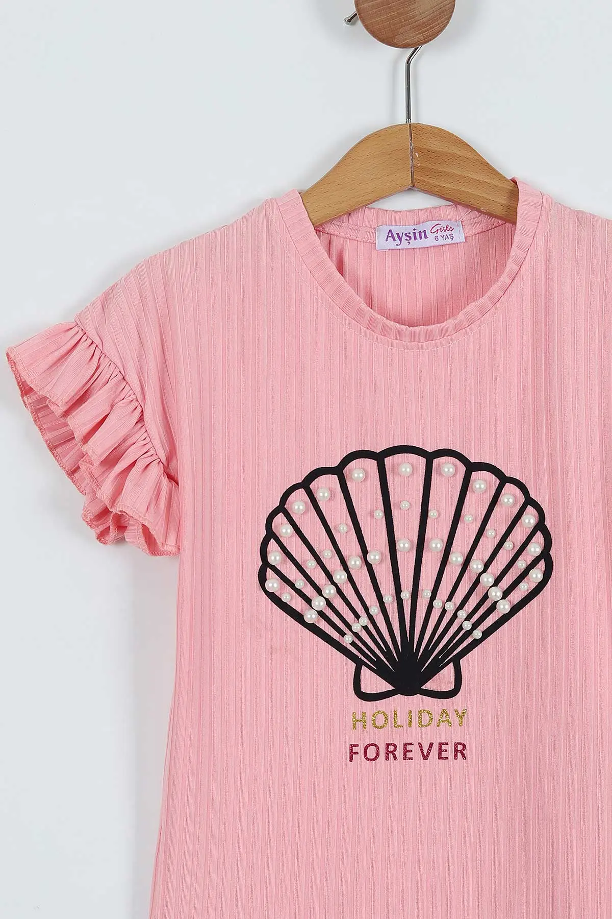 Pembe (6-10 Yaş) İnci Detay Holiday Baskılı Fitilli  Kız Çocuk Takım 280836