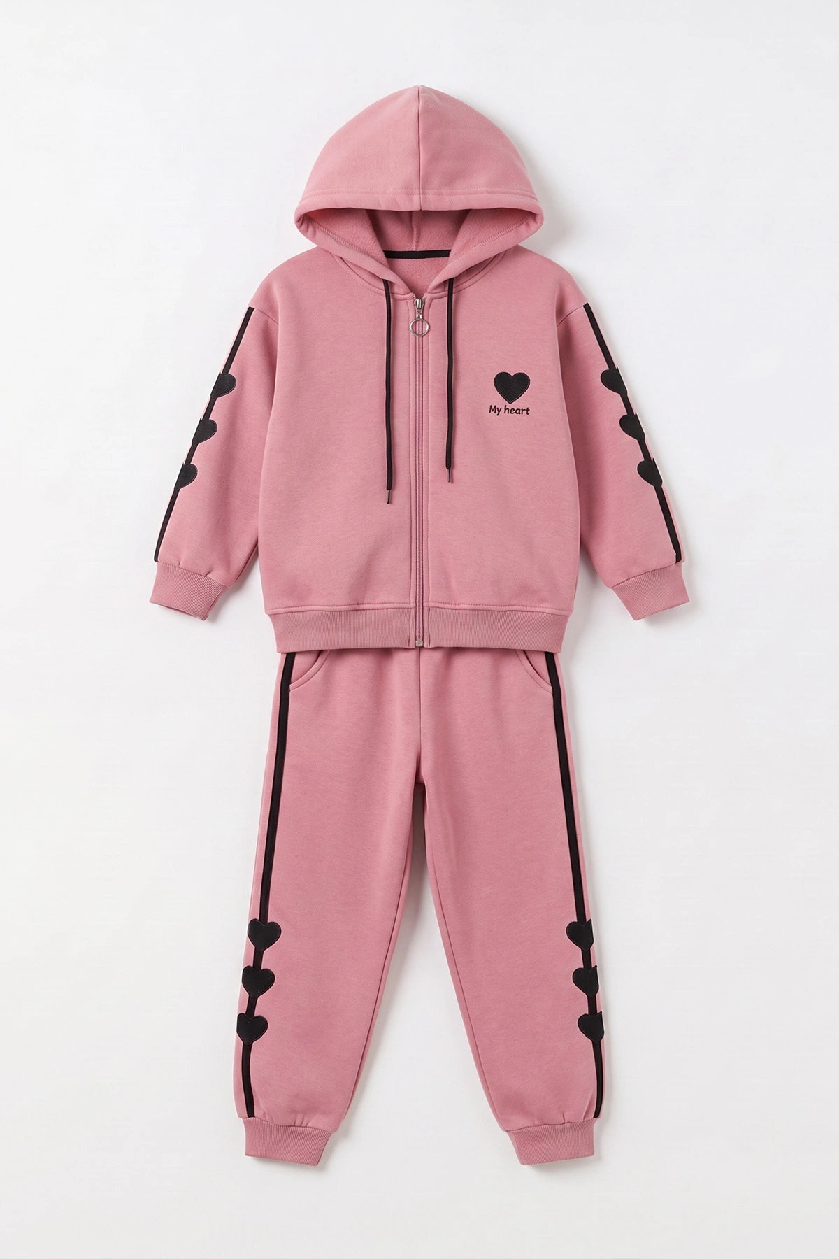 Pembe (6-10  Yaş) Kalp Nakışlı Kapüşonlu 3 İp Şardonlu Kız Çocuk Kışlık Takım 498253